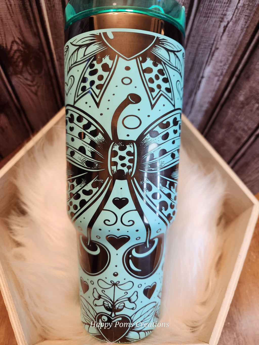 Stainless Steel Stanley Dupe - 40oz, Teal over Black Laser Engraved, Cheetah Bows