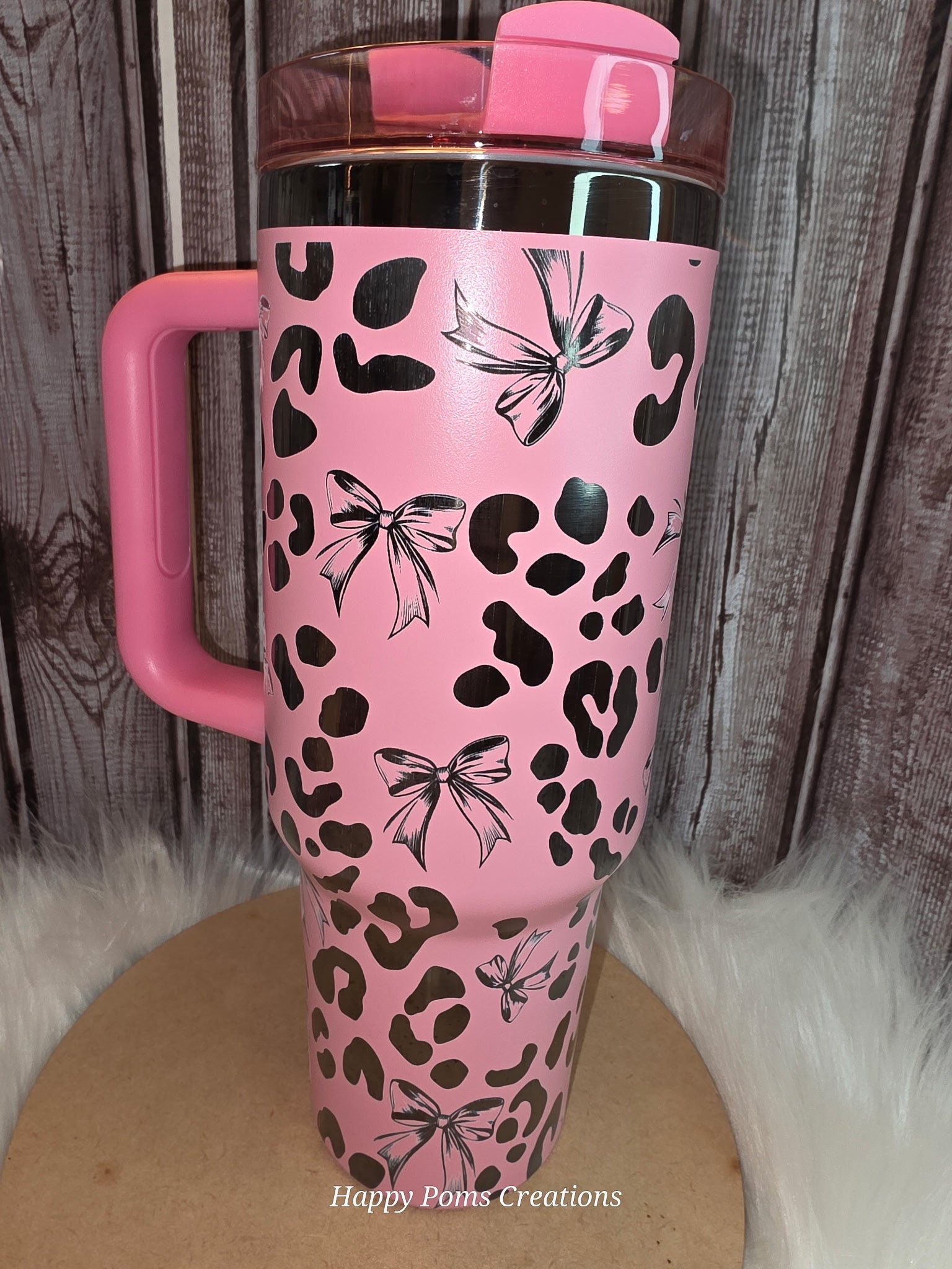 40 oz, Pink, Laser Engraved Cheetah Spots and Bows