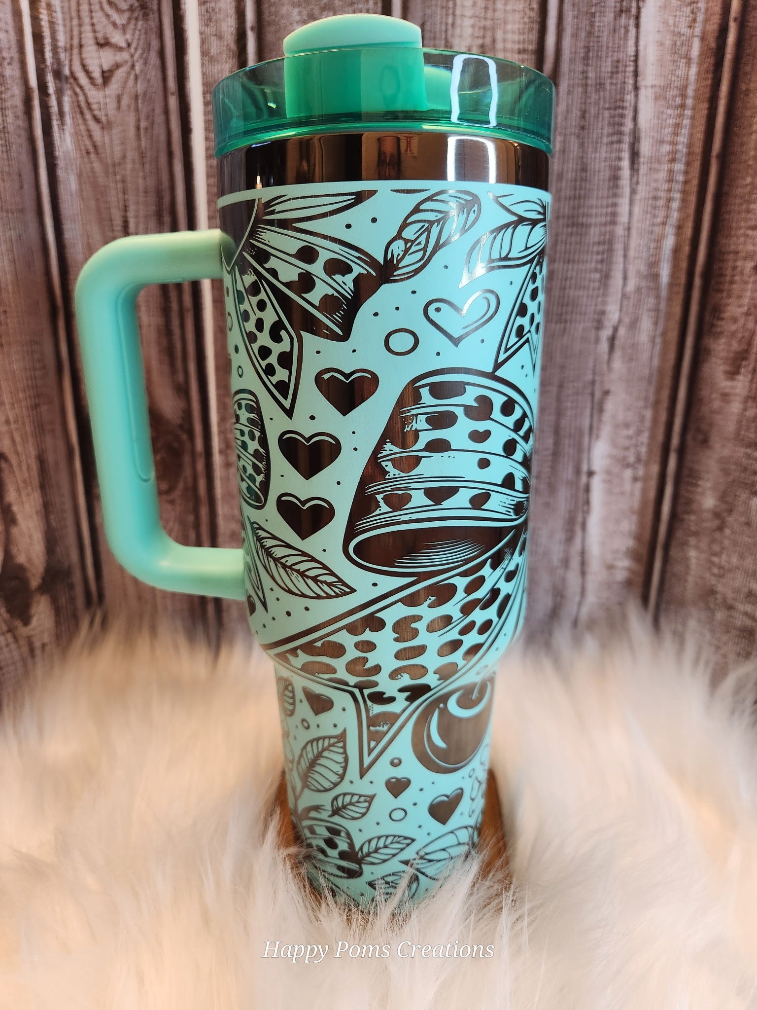 Stainless Steel Stanley Dupe - 40oz, Teal over Black Laser Engraved, Cheetah Bows