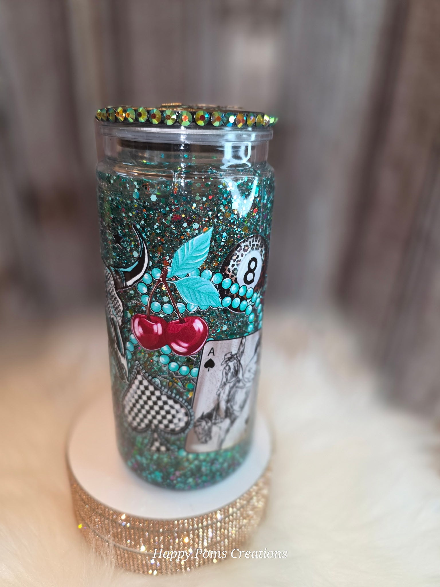 20 oz Snow Globe Tumbler | Casino Playing Cards, 8 Ball, Cherries, Cowgirl Design