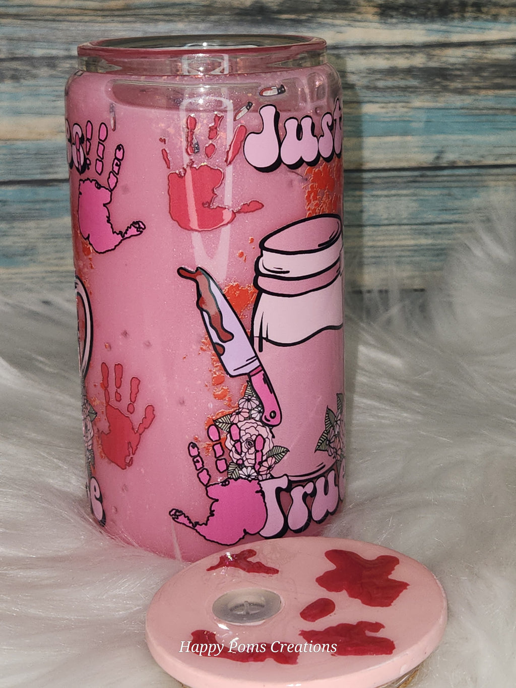 Glass Cup - 16 oz, Pink Coffee / True Crime Snow-Globe, w/Straw