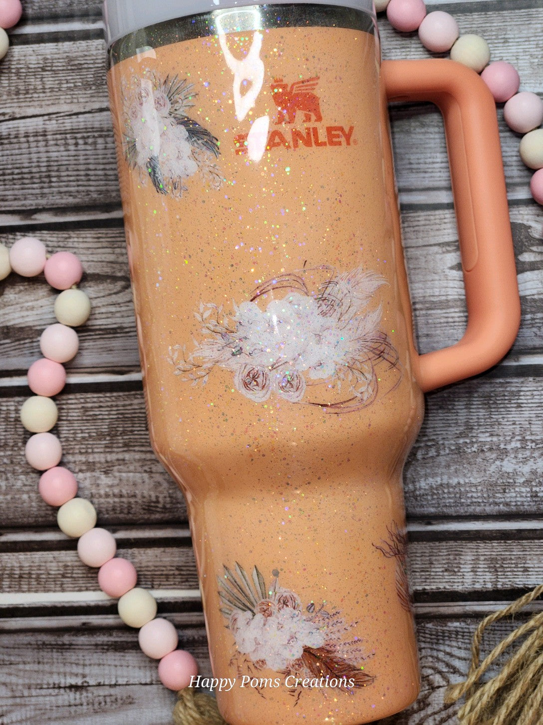 Peach Glitter “I’m That Bitch” 40oz Tumbler | Custom Floral Stanley Style Cup | Peach Glitter Travel Mug with Handle | Sassy Gift for Her
