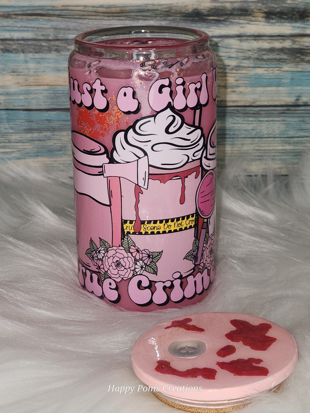 Glass Cup - 16 oz, Pink Coffee / True Crime Snow-Globe, w/Straw