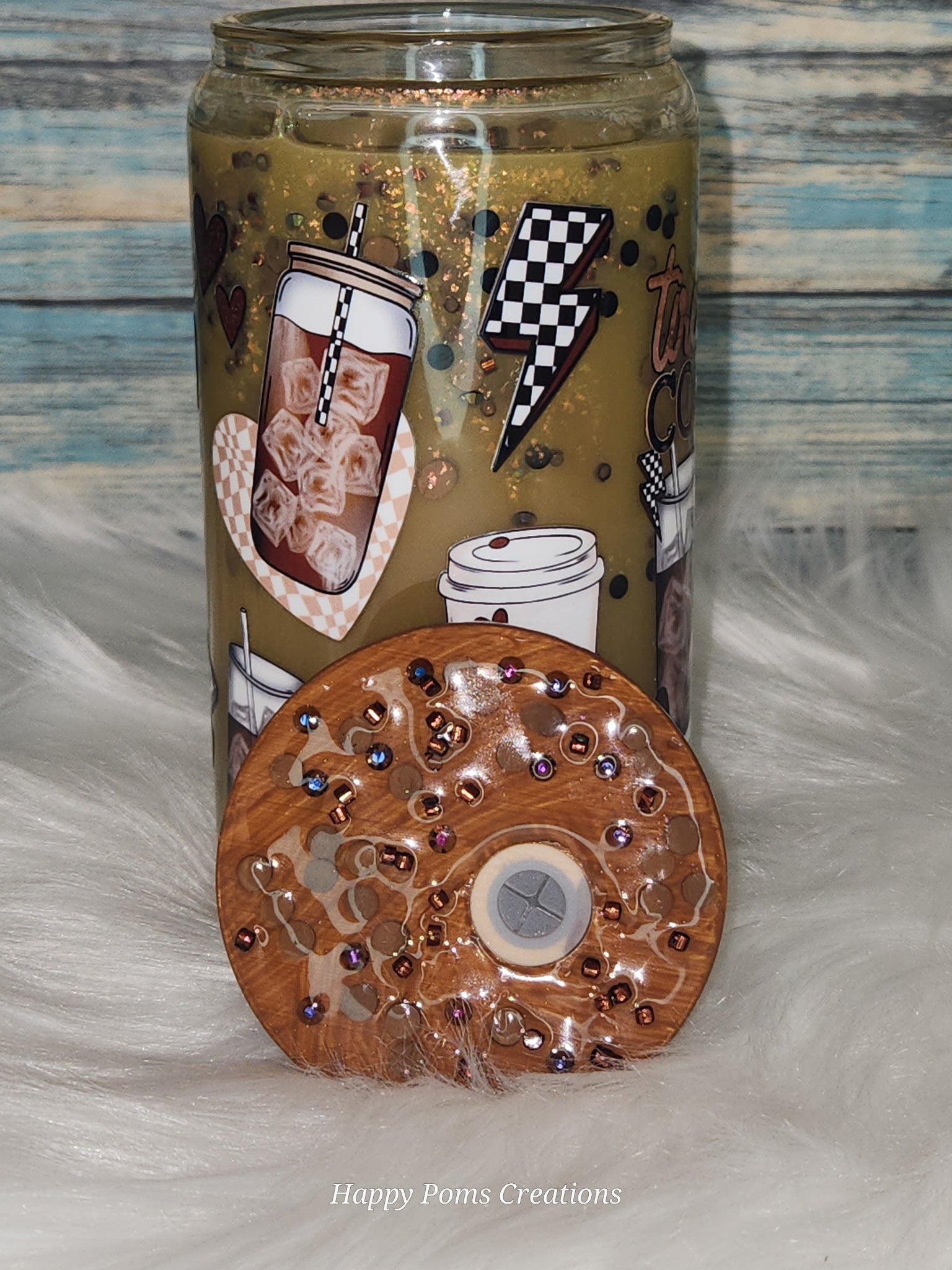 Glass Cup - 16 oz, Snow-Globe, Tired Mom Coffee w/Straw.
