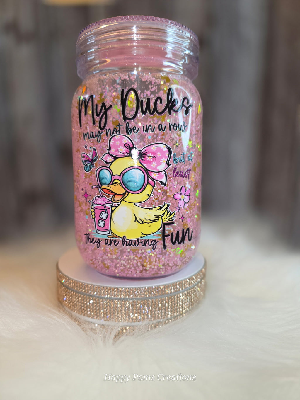 Acrylic Mason Jar Tumbler - 15 oz, Snow Globe, Ducks in a Row