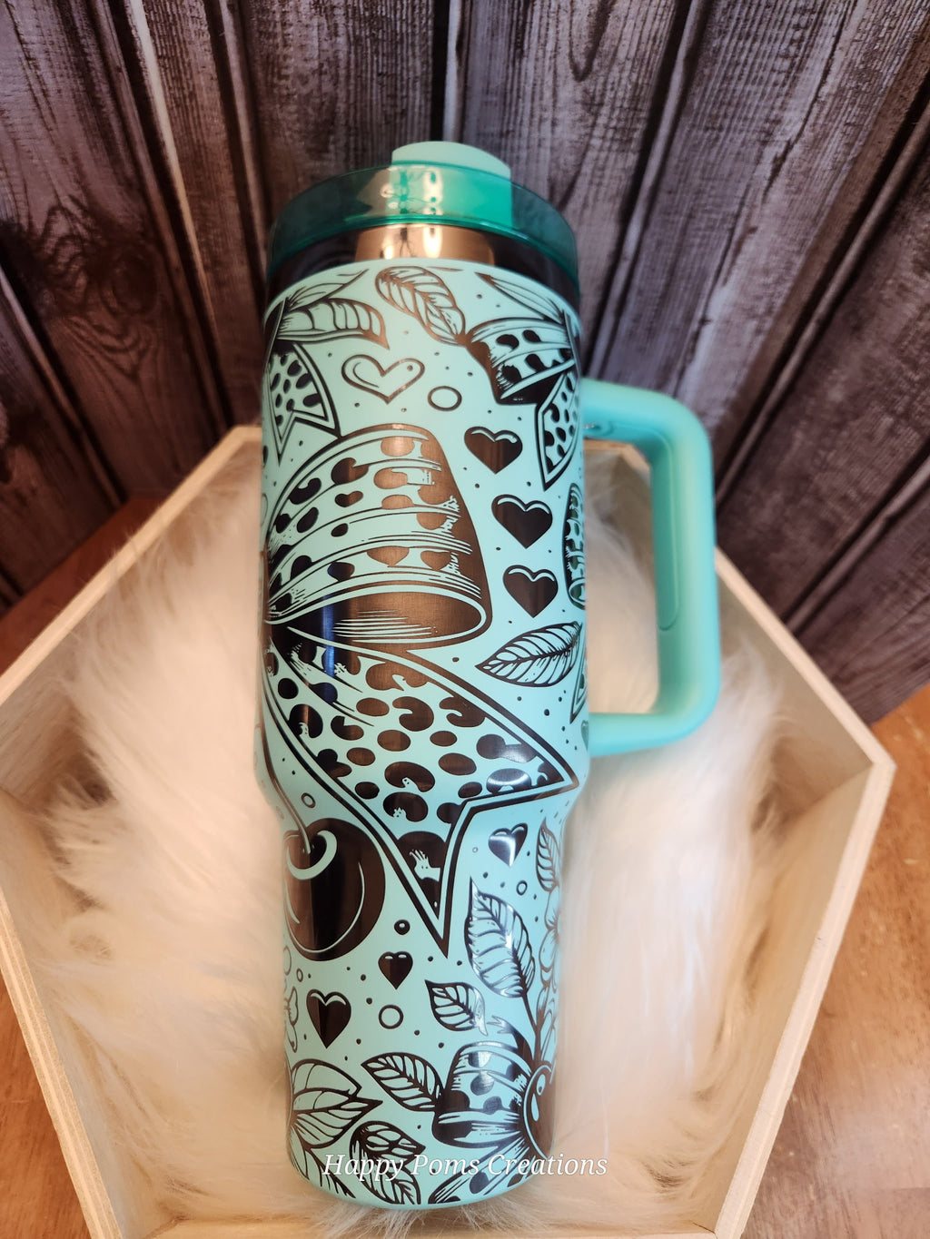 Stainless Steel Stanley Dupe - 40oz, Teal over Black Laser Engraved, Cheetah Bows
