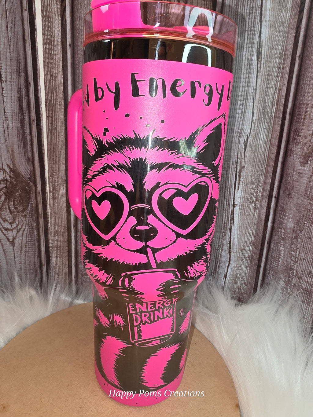 Stainless Steel Stanley Dupe Tumbler - 40 oz, Pink, Laser Engraved, Anxiety Racoon