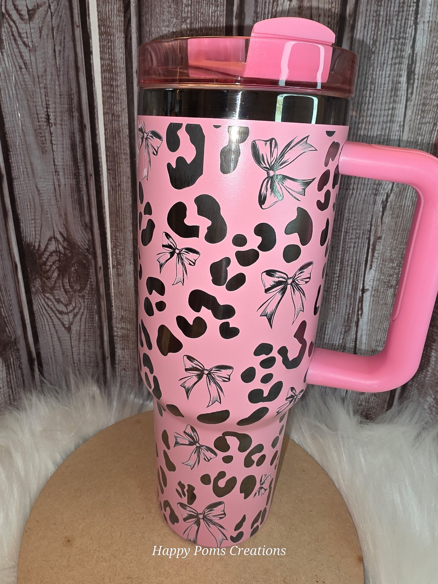40 oz, Pink, Laser Engraved Cheetah Spots and Bows