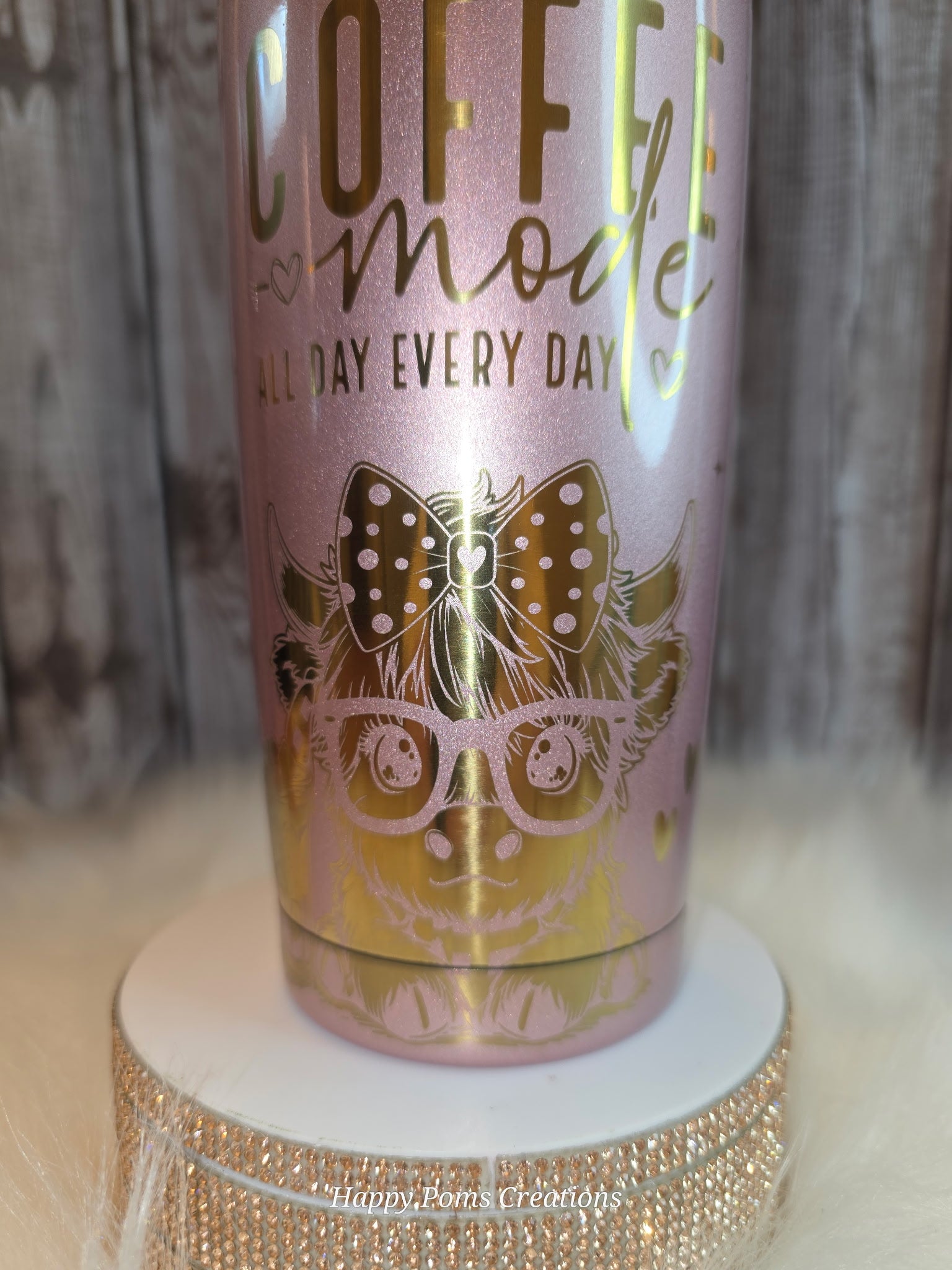Pink Glitter Coffee Tumbler, Cow Lover Gift, Cute Insulated Travel Mug, “Coffee Mode” Cup, Girly Glam Cup, Fits Car Cup Holder