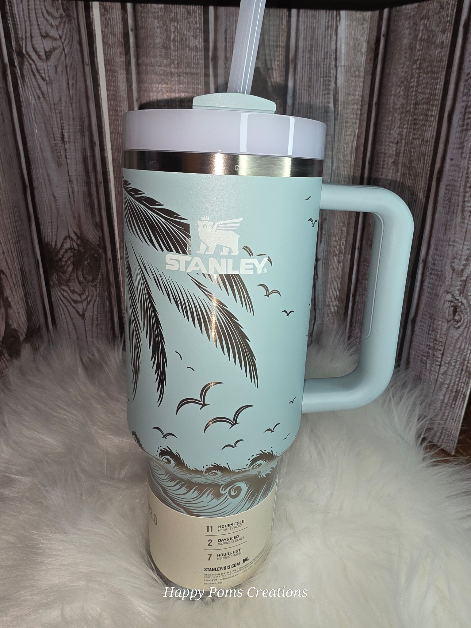 Stainless Steel Stanley - 40 oz, Laser Engraved, Seafoam, Beachy Gnome.