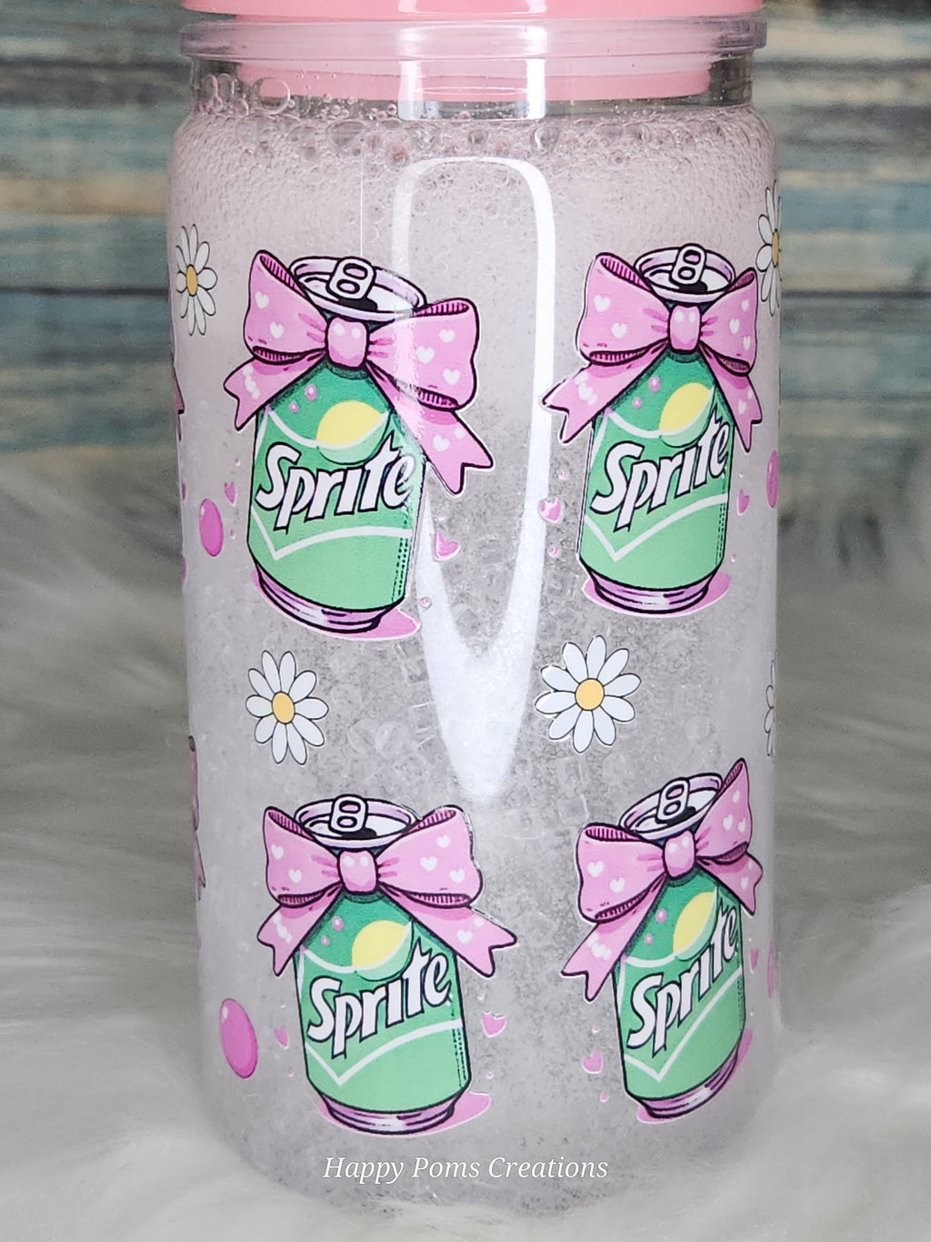 16 oz Acrylic Snow-Globe Cup - Lemon/Lime fizzy drink with Pink bows. w/Straw