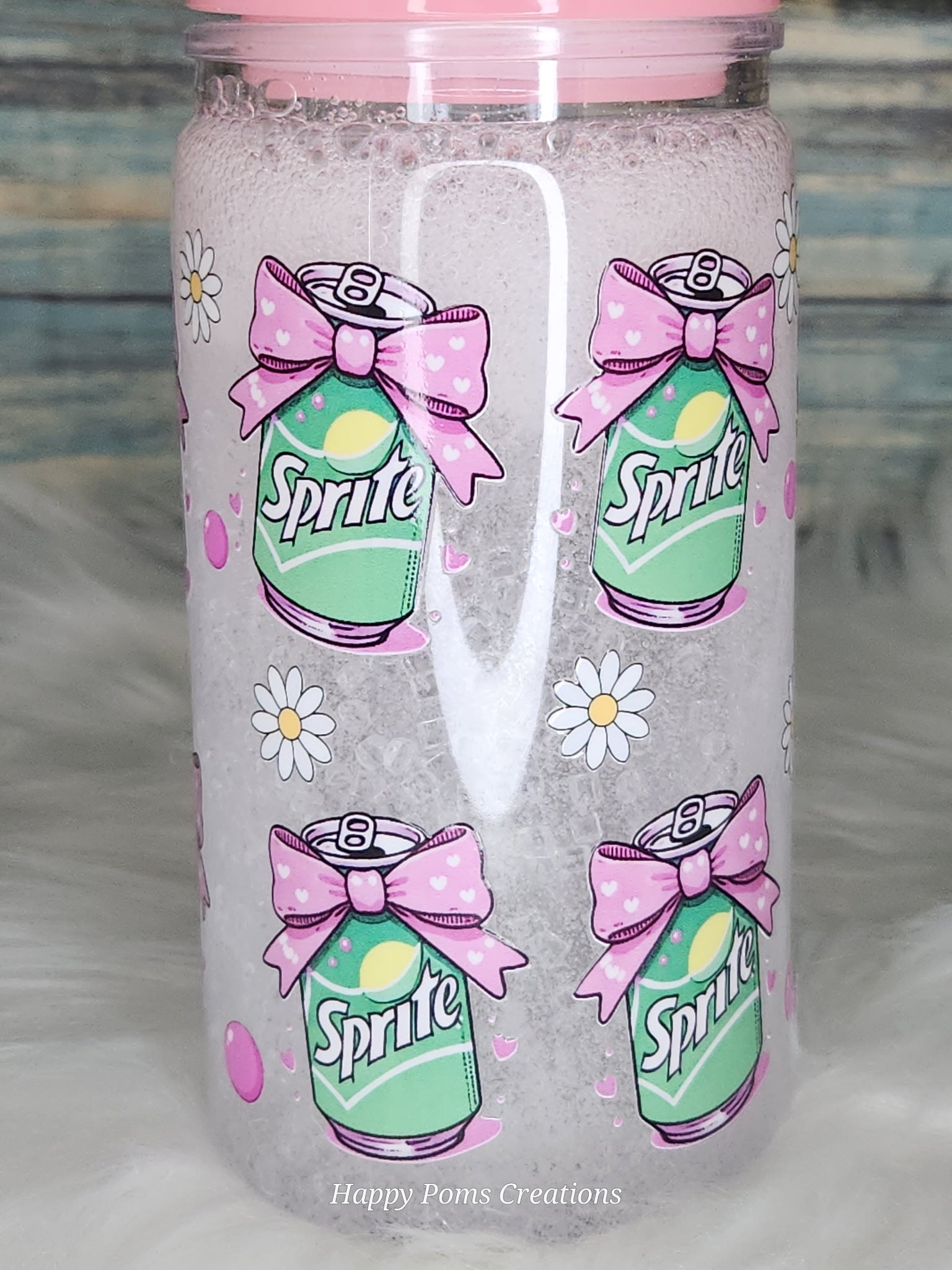 16 oz Acrylic Snow-Globe Cup - Lemon/Lime fizzy drink with Pink bows. w/Straw