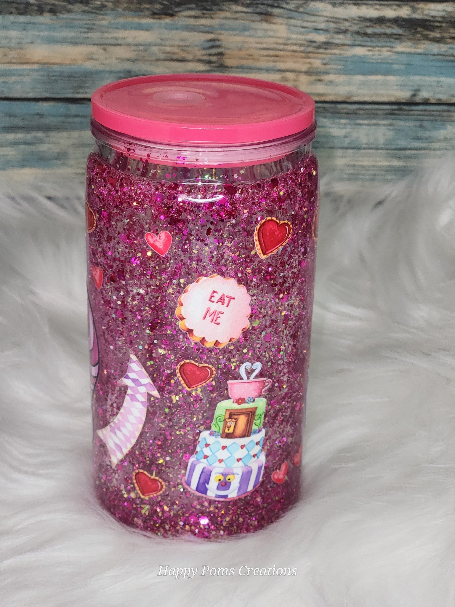Pink Cheshire Cat Snow Globe Tumbler with Dark Pink Glitter