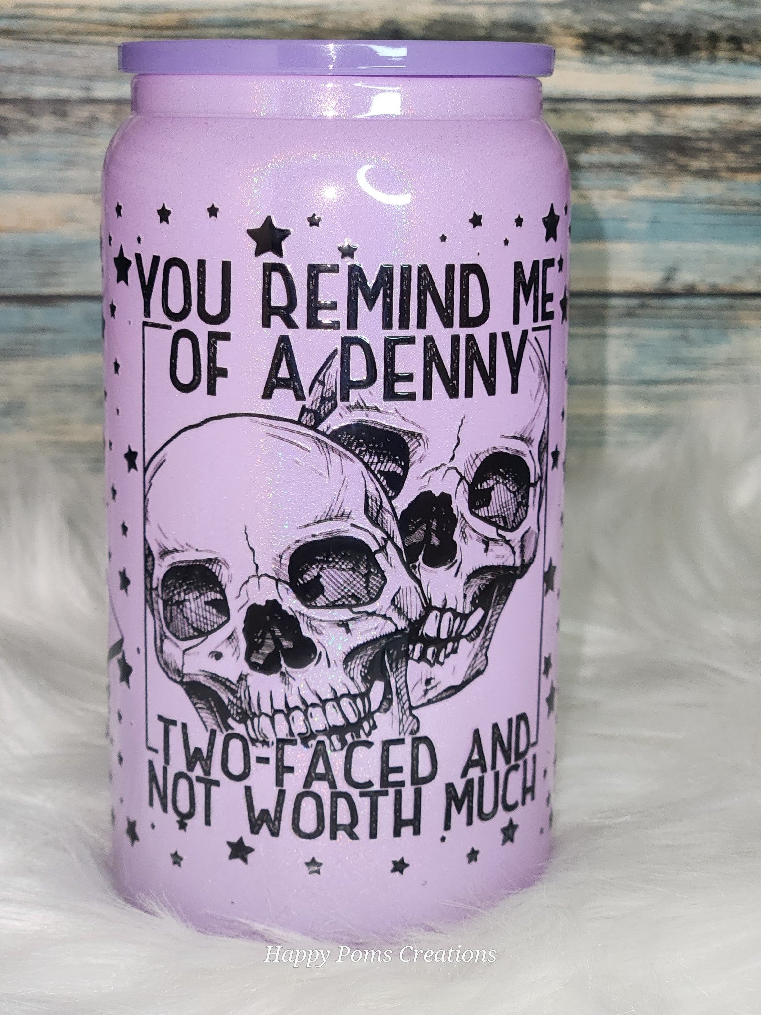 16 oz Glass Cup - BAD Penny, Pink w/Straw.