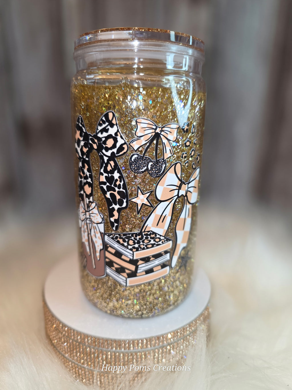 Acrylic Tumbler - Gold, 16 oz, Snow Globe, Cheetah Bows and Books