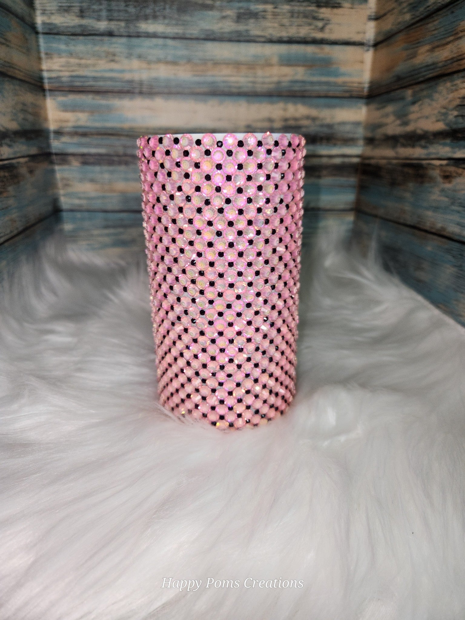16 oz Stainless Steel Cup - Pink Rhinestones, Fancy Bottom, W/Straw