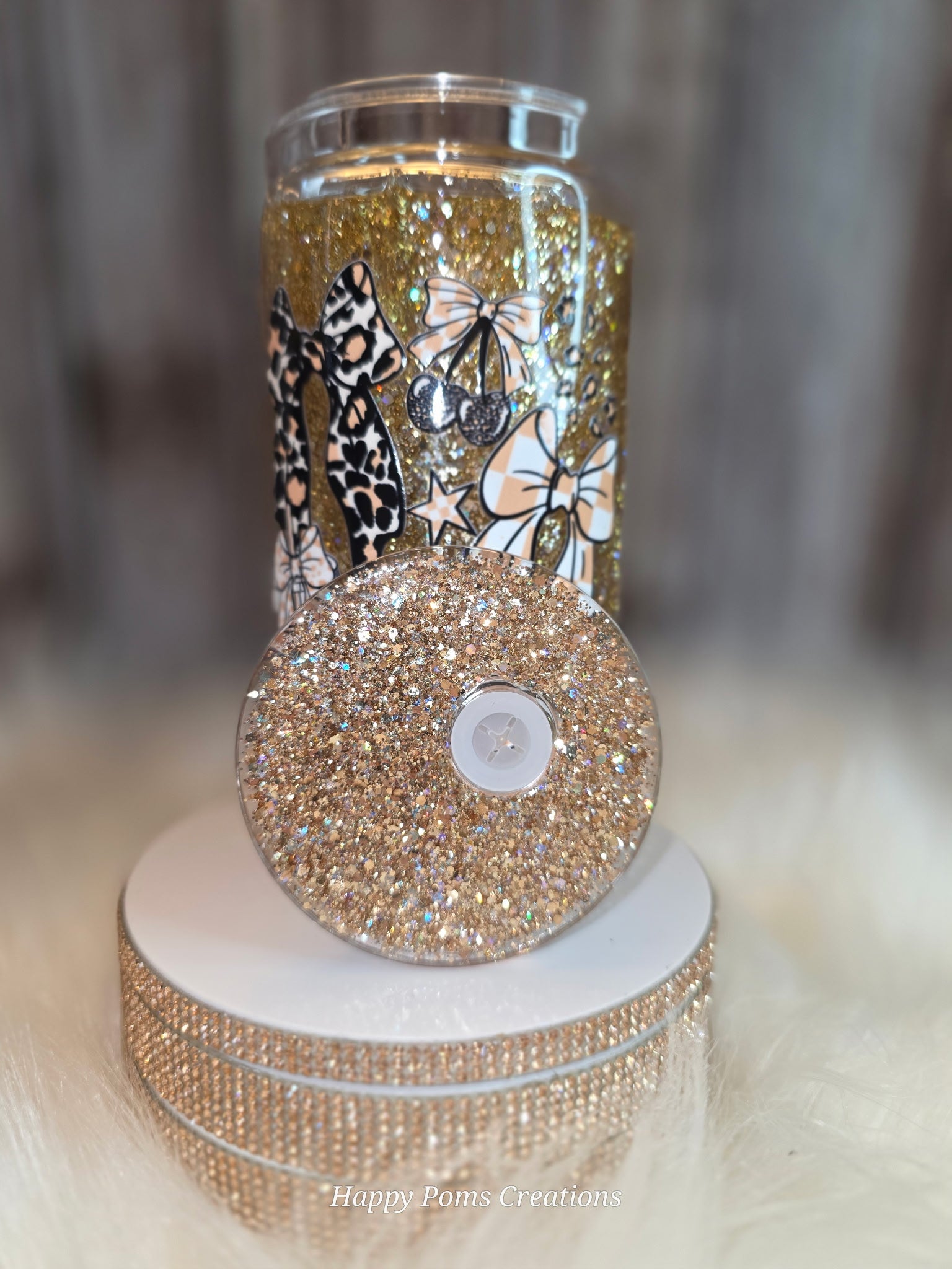 Acrylic Tumbler - Gold, 16 oz, Snow Globe, Cheetah Bows and Books