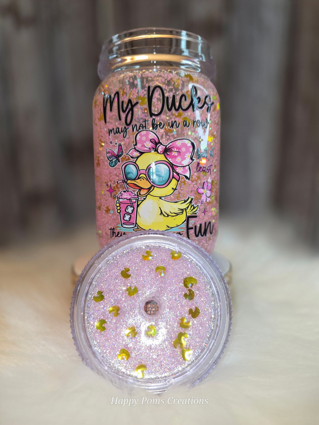 Acrylic Mason Jar Tumbler - 15 oz, Snow Globe, Ducks in a Row