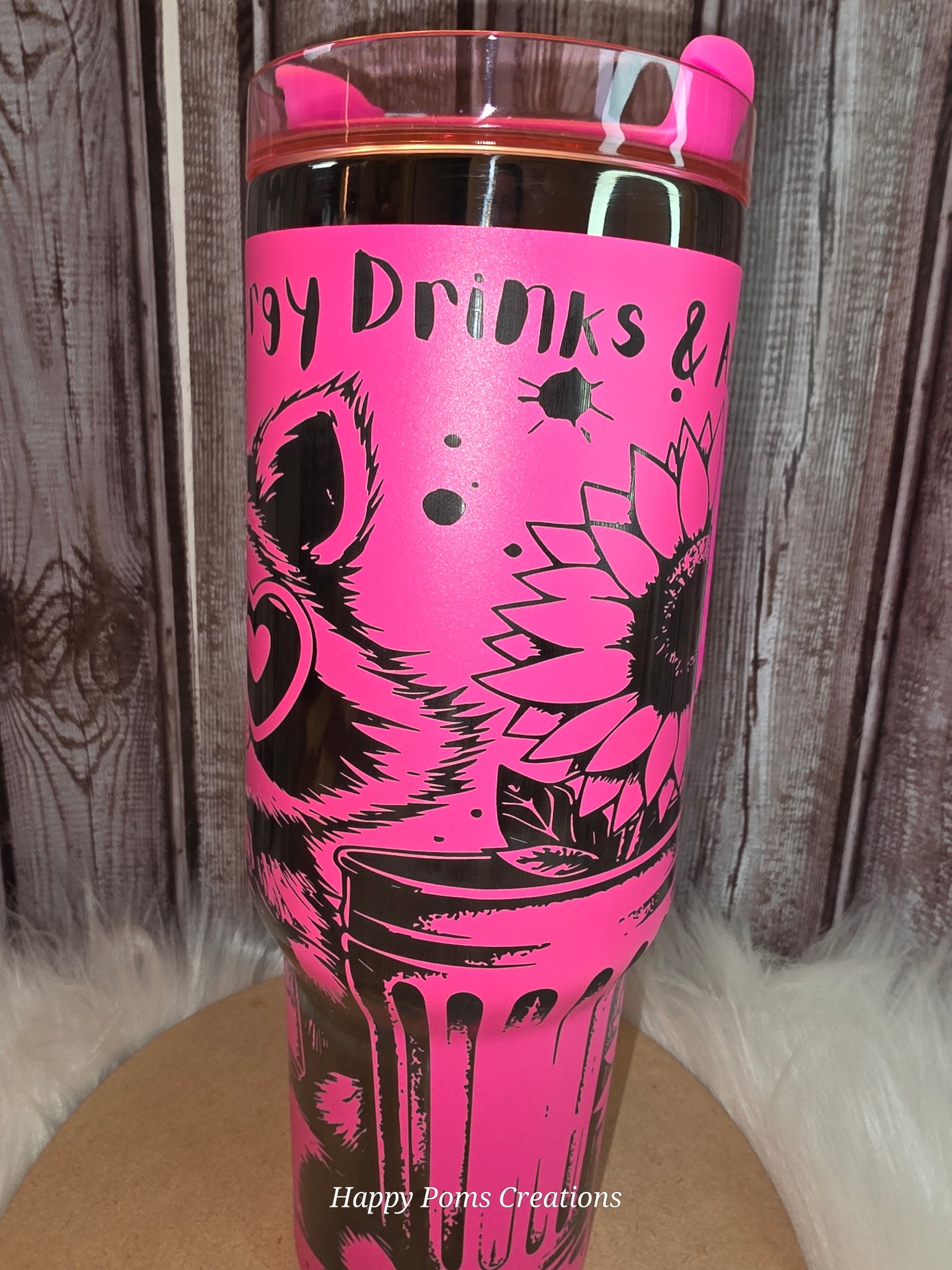 Stainless Steel Stanley Dupe Tumbler - 40 oz, Pink, Laser Engraved, Anxiety Racoon