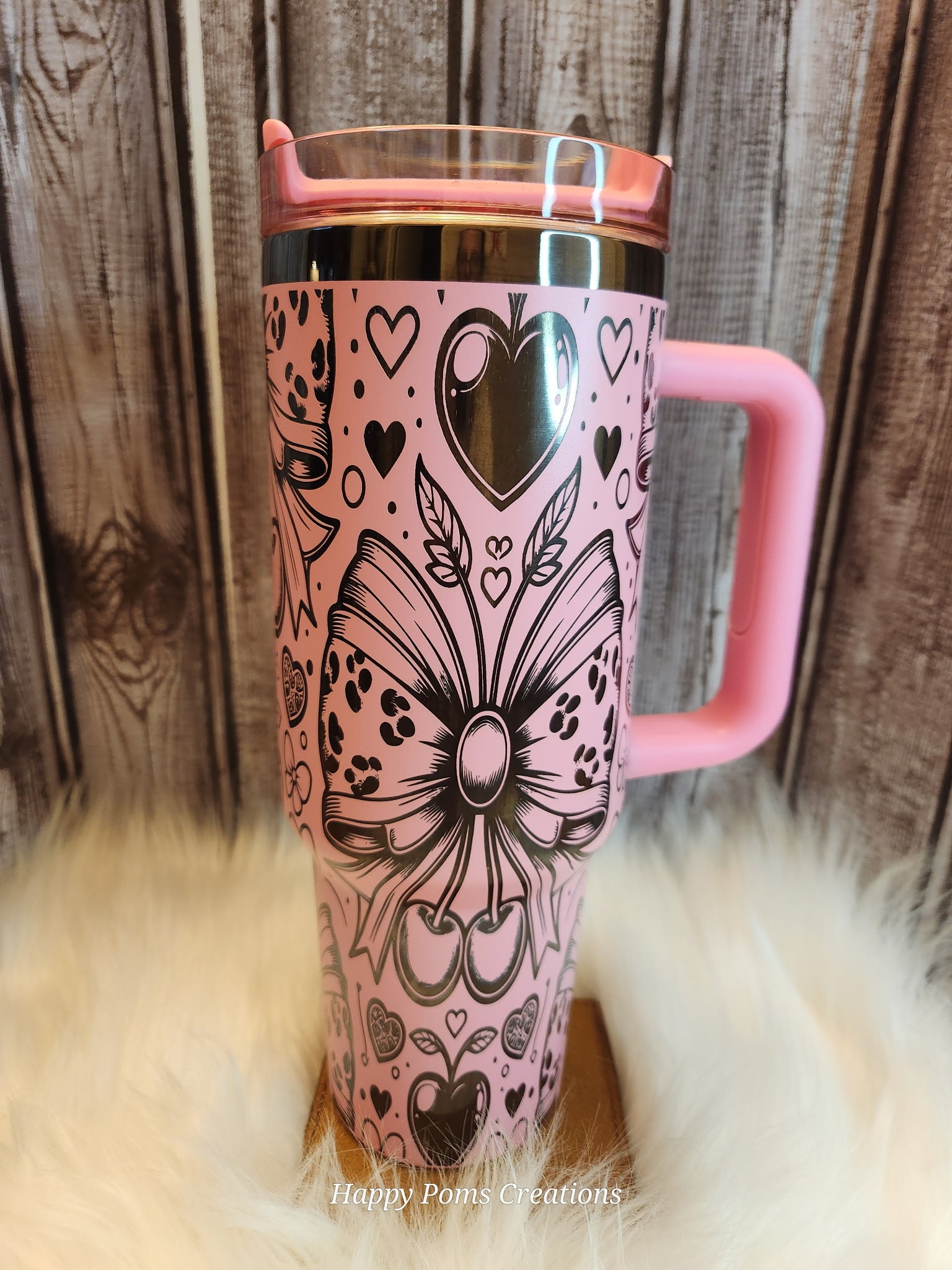 Pink Cherry Butterfly 40oz Stainless Steel Tumbler, Floral Heart Travel Mug