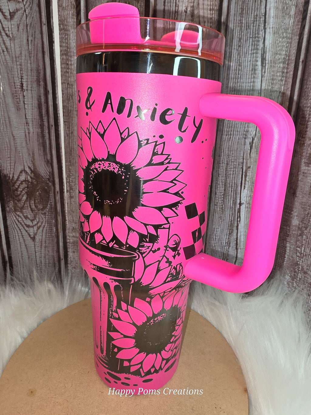 Stainless Steel Stanley Dupe Tumbler - 40 oz, Pink, Laser Engraved, Anxiety Racoon