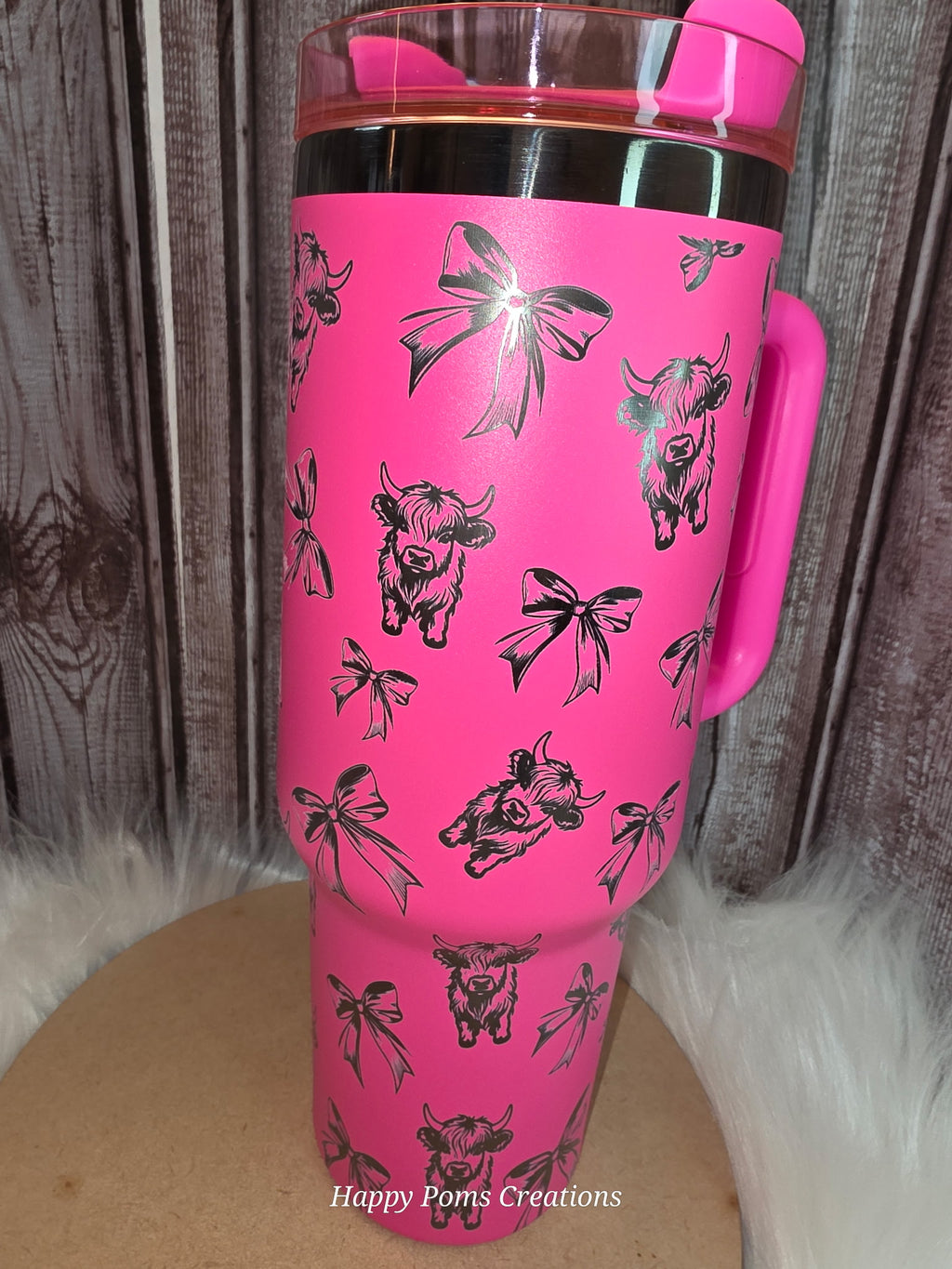Pink Highland Cow Tumbler with Bows | 40oz Travel Mug with Handle, Western Style