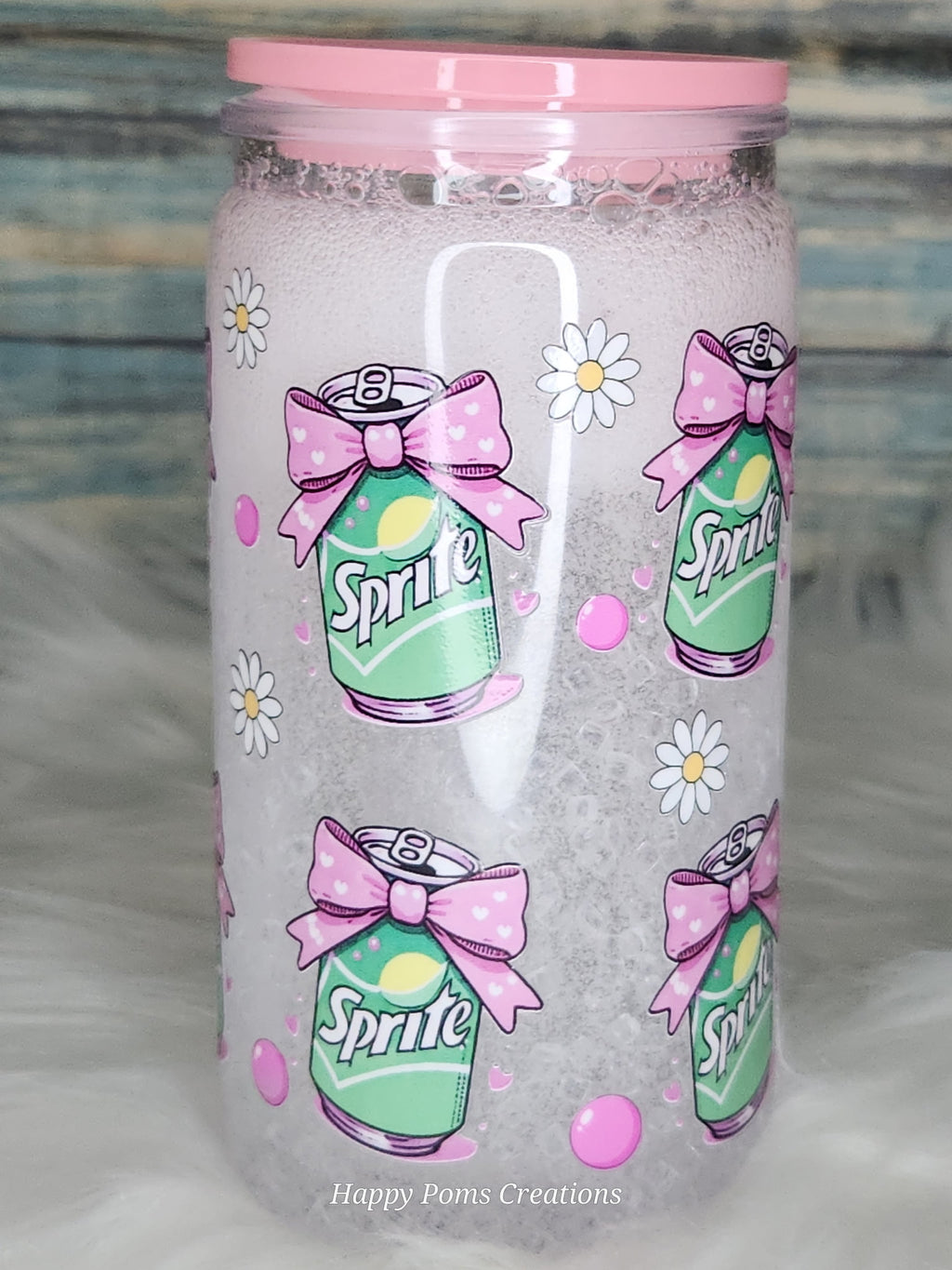 16 oz Acrylic Snow-Globe Cup - Lemon/Lime fizzy drink with Pink bows. w/Straw