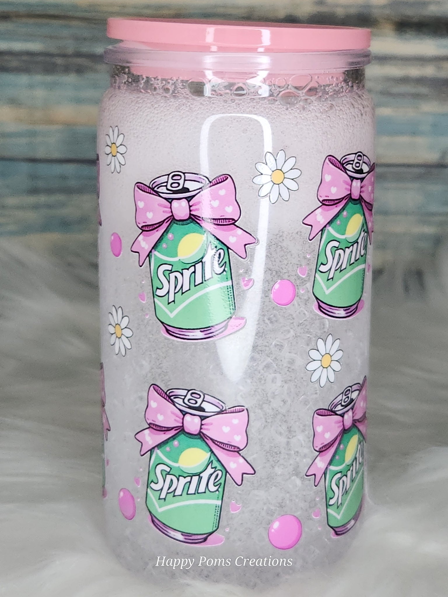 16 oz Acrylic Snow-Globe Cup - Lemon/Lime fizzy drink with Pink bows. w/Straw
