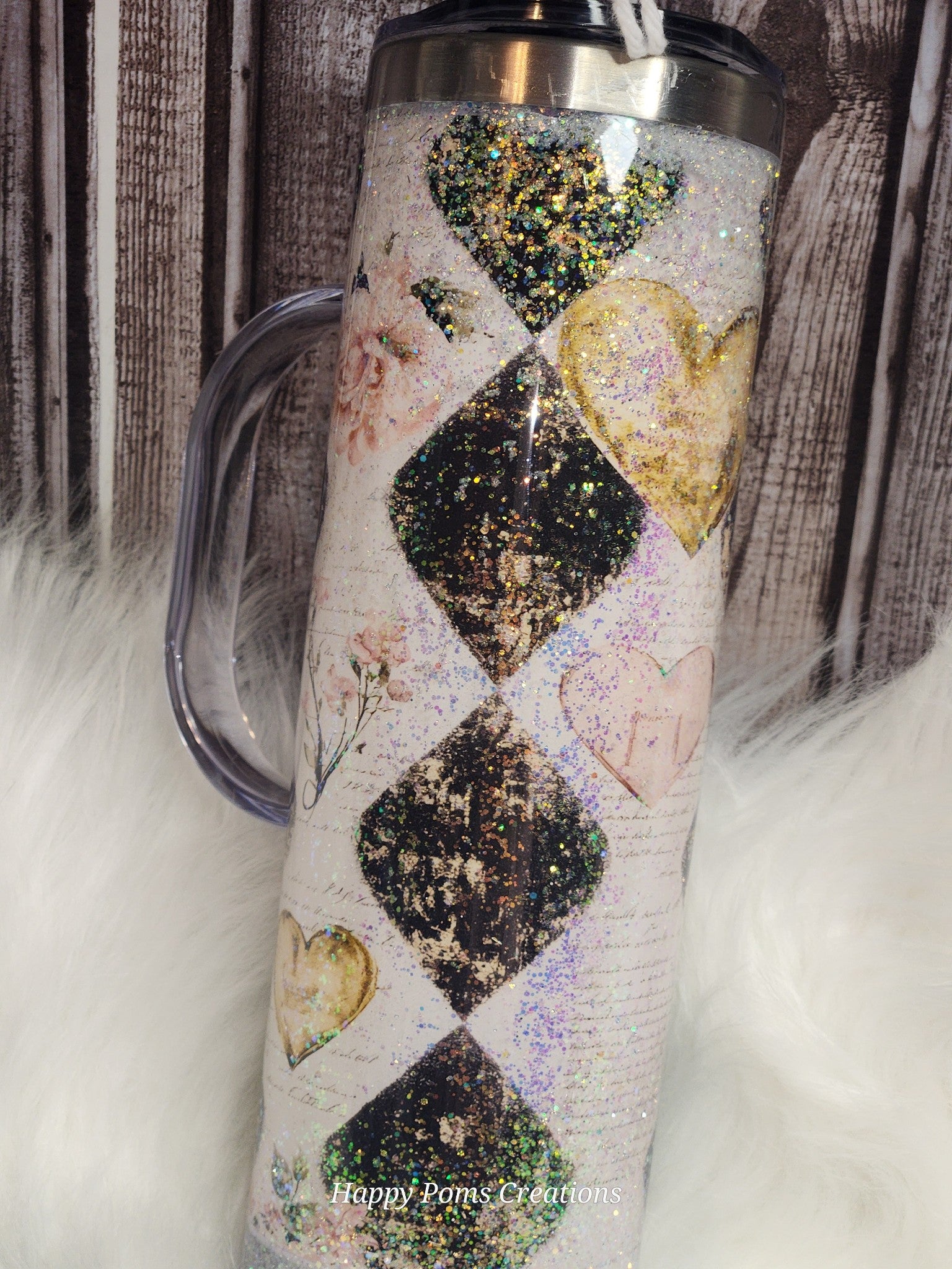 Hearts & Diamonds Snow Globe Tumbler: Acrylic Handle, 20 oz, W/Straw