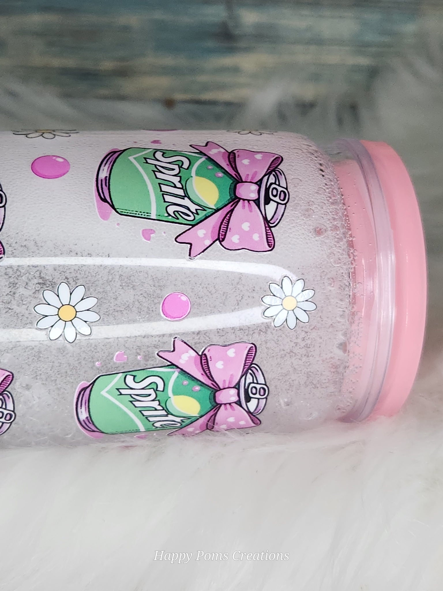 16 oz Acrylic Snow-Globe Cup - Lemon/Lime fizzy drink with Pink bows. w/Straw