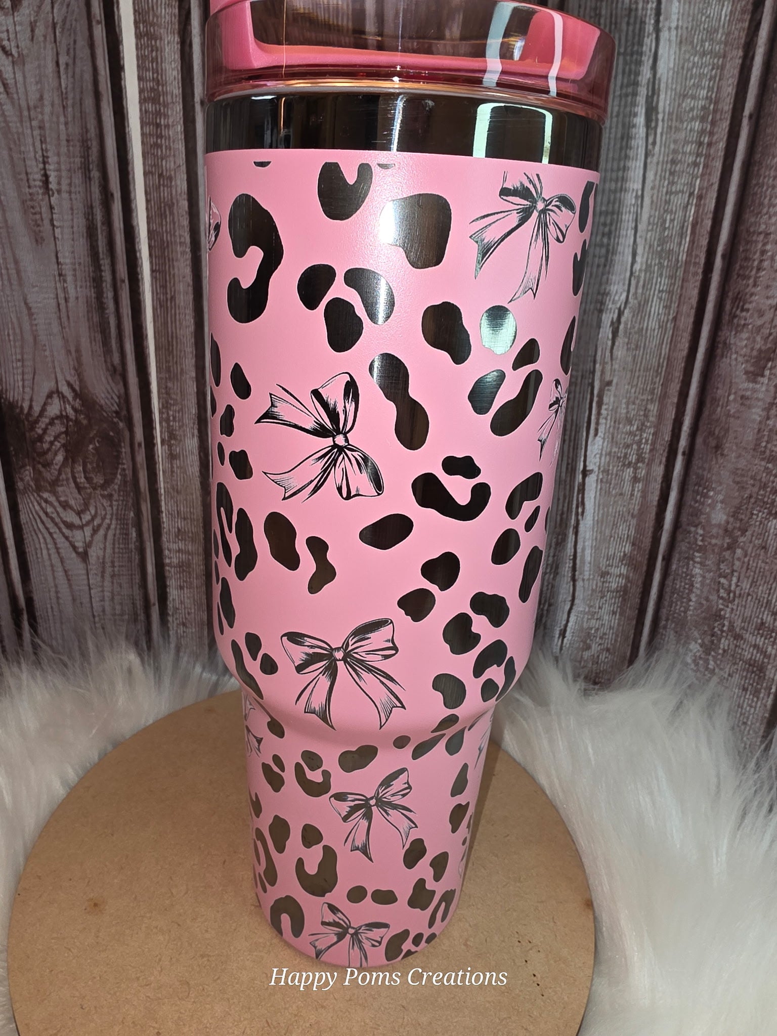 40 oz, Pink, Laser Engraved Cheetah Spots and Bows