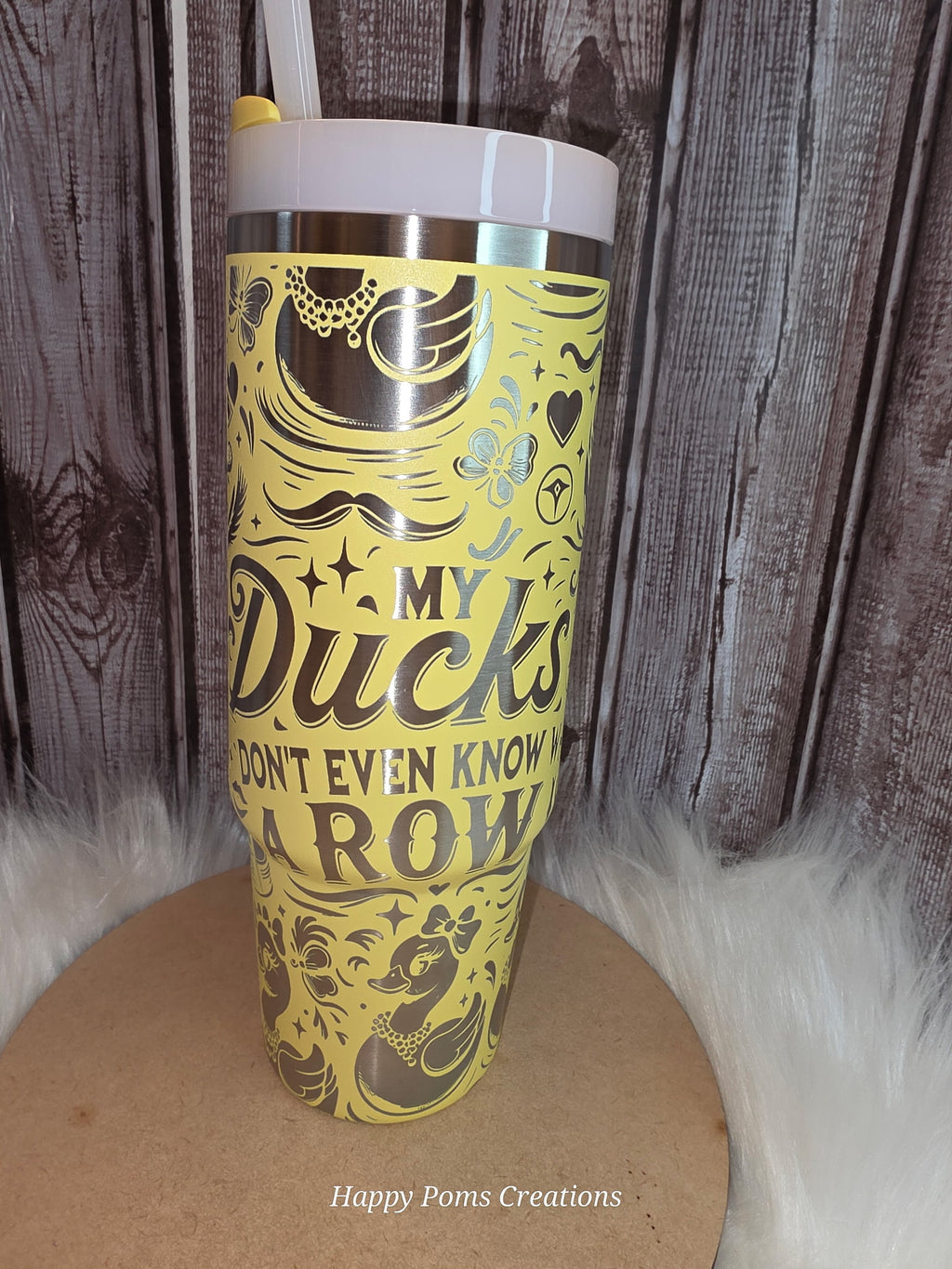 Pometto Yellow 40oz Stanley Tumbler | Ducks in a Row Custom Engraved Rubber Duckie Tumbler