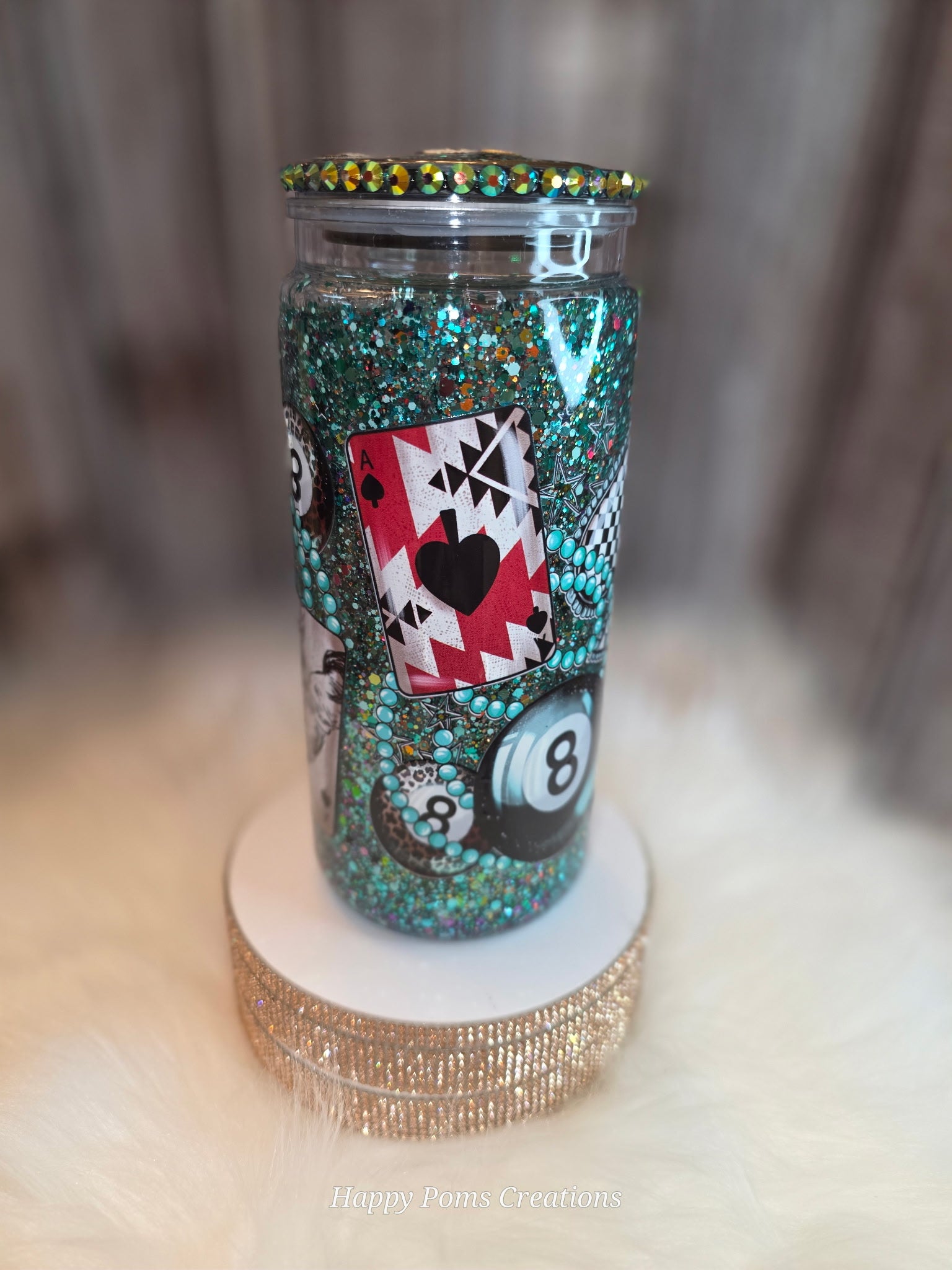 20 oz Snow Globe Tumbler | Casino Playing Cards, 8 Ball, Cherries, Cowgirl Design