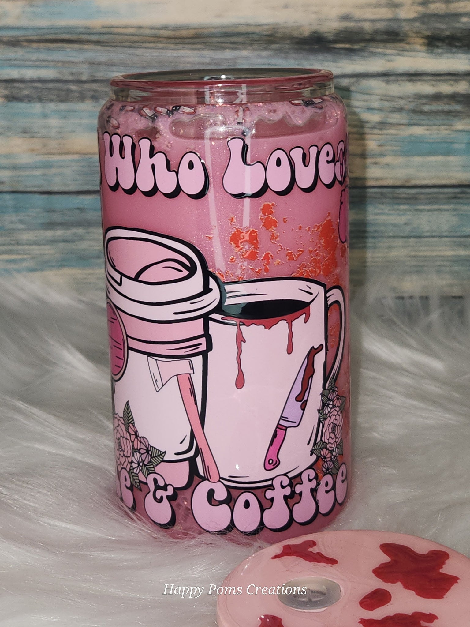Glass Cup - 16 oz, Pink Coffee / True Crime Snow-Globe, w/Straw