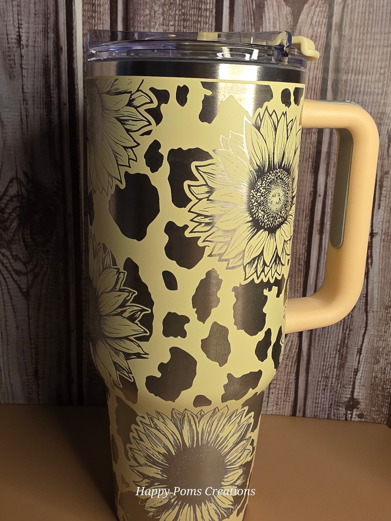 Sunflower Cow Print Tumbler with Handle, Yellow Travel Mug, 40oz Insulated Cup with Straw, Farmhouse Floral Gift