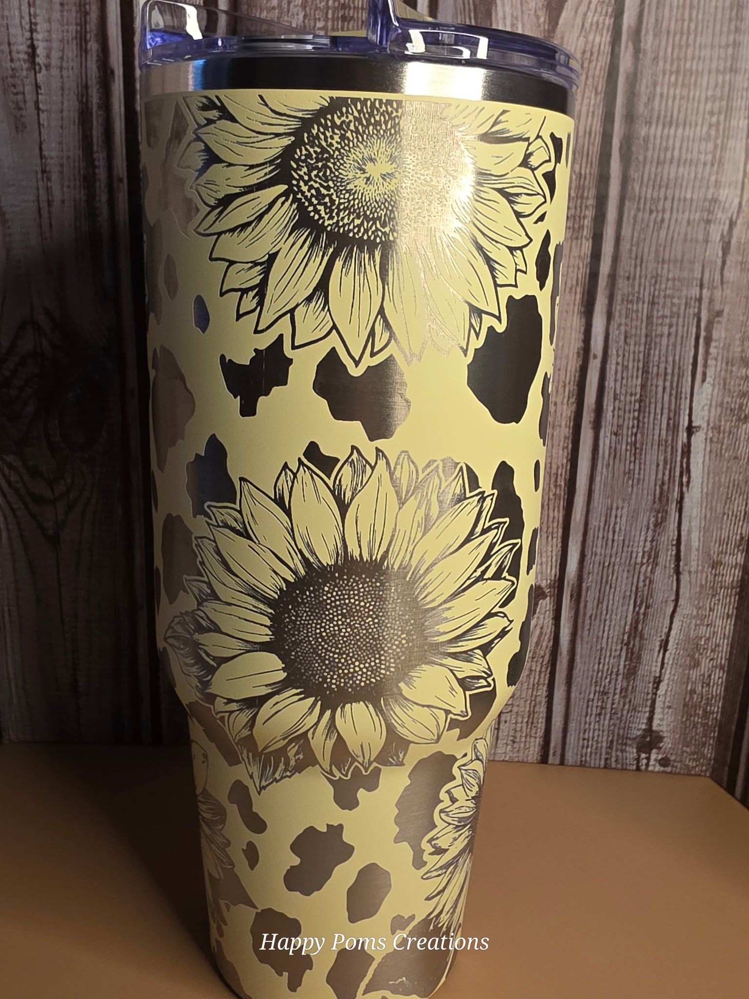 Sunflower Cow Print Tumbler with Handle, Yellow Travel Mug, 40oz Insulated Cup with Straw, Farmhouse Floral Gift