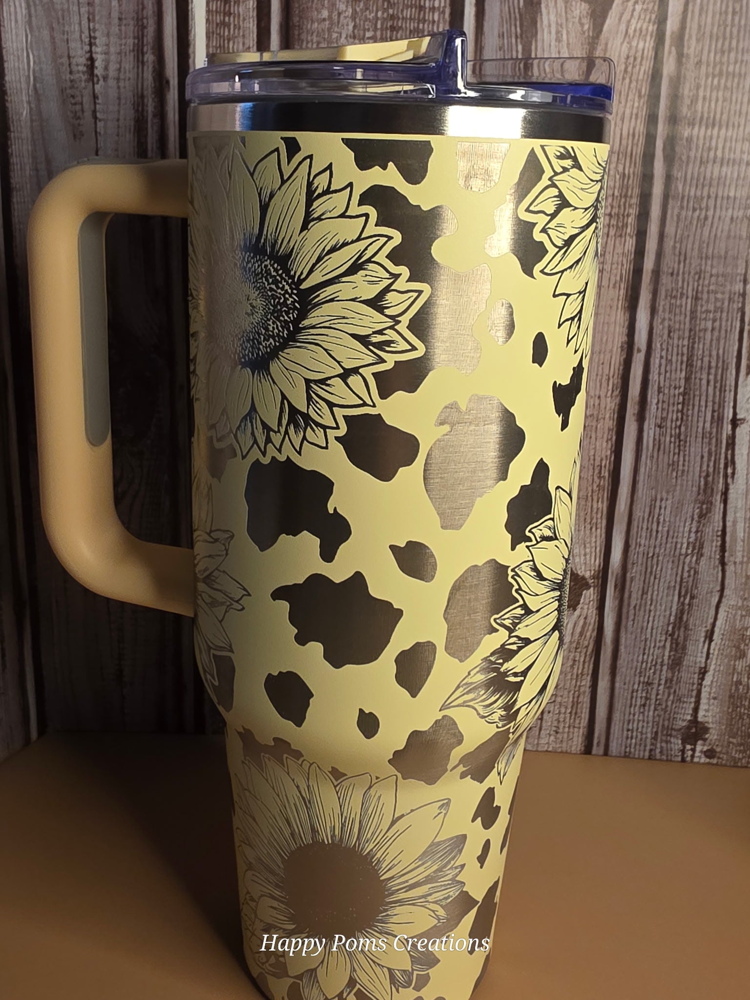 Sunflower Cow Print Tumbler with Handle, Yellow Travel Mug, 40oz Insulated Cup with Straw, Farmhouse Floral Gift