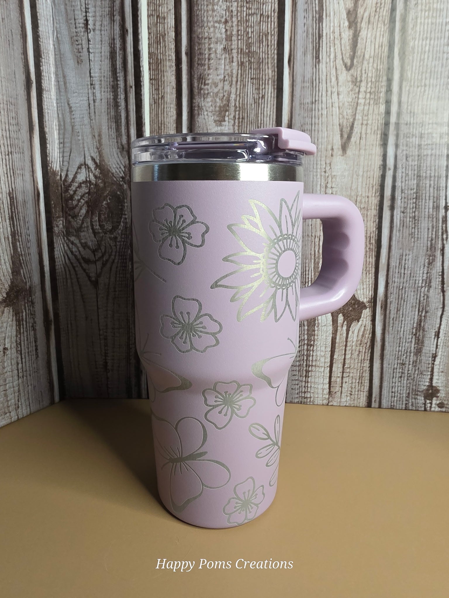 Lavender Floral Tumbler with Handle, 14oz Insulated Cup, Pastel Flower Travel Mug, Stainless Steel Drinkware with Lid, Gift for Her