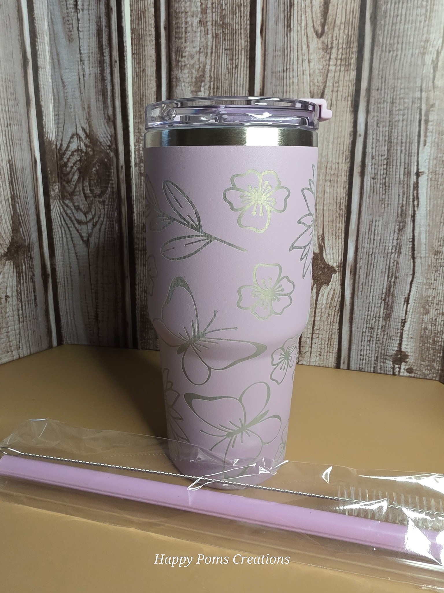Lavender Floral Tumbler with Handle, 14oz Insulated Cup, Pastel Flower Travel Mug, Stainless Steel Drinkware with Lid, Gift for Her