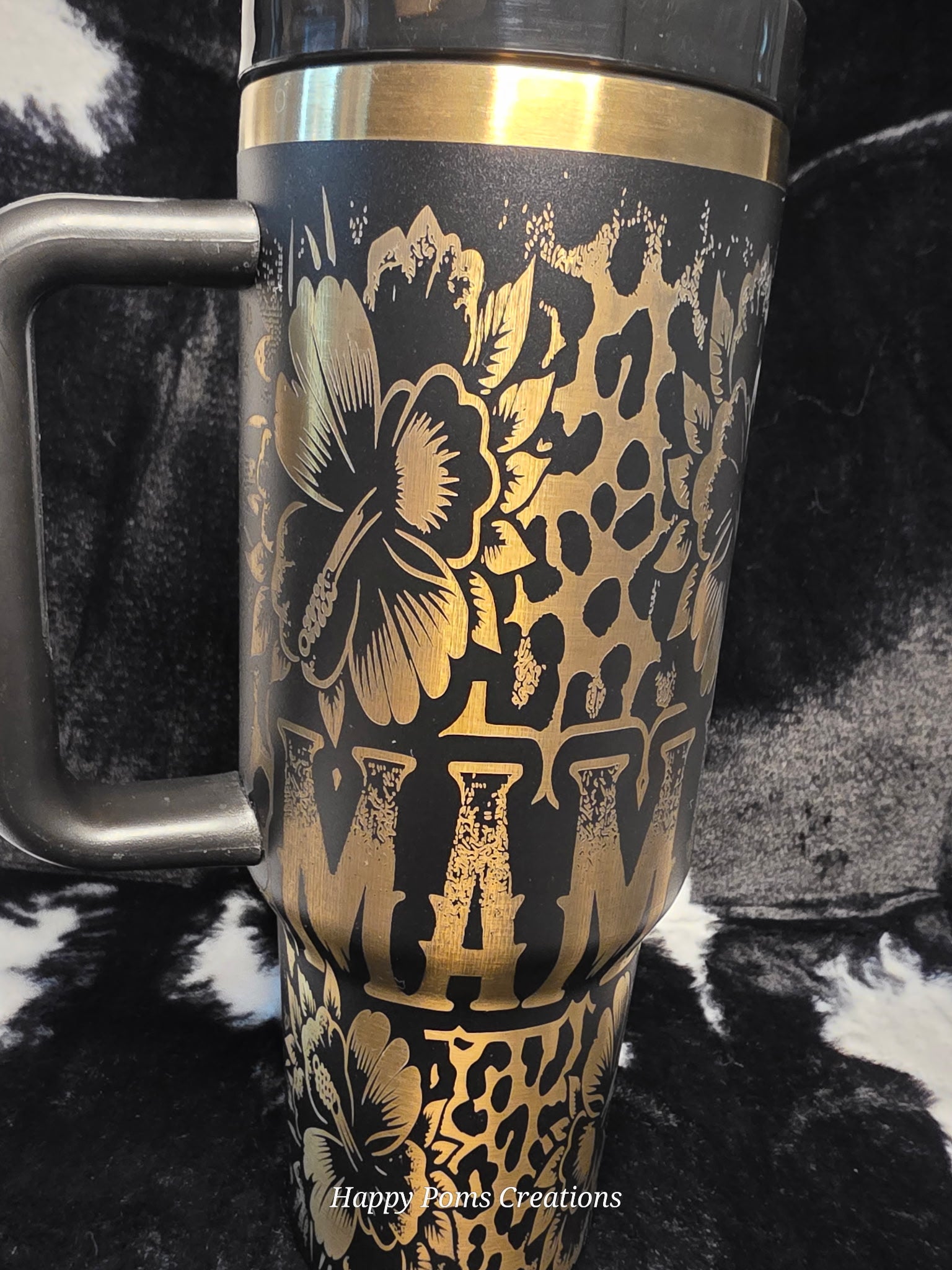 Personalized Mama Floral Leopard Print Travel Mug | Custom Engraved 40oz Tumbler with Handle | Gold & Black Insulated Cup for Mom Gift