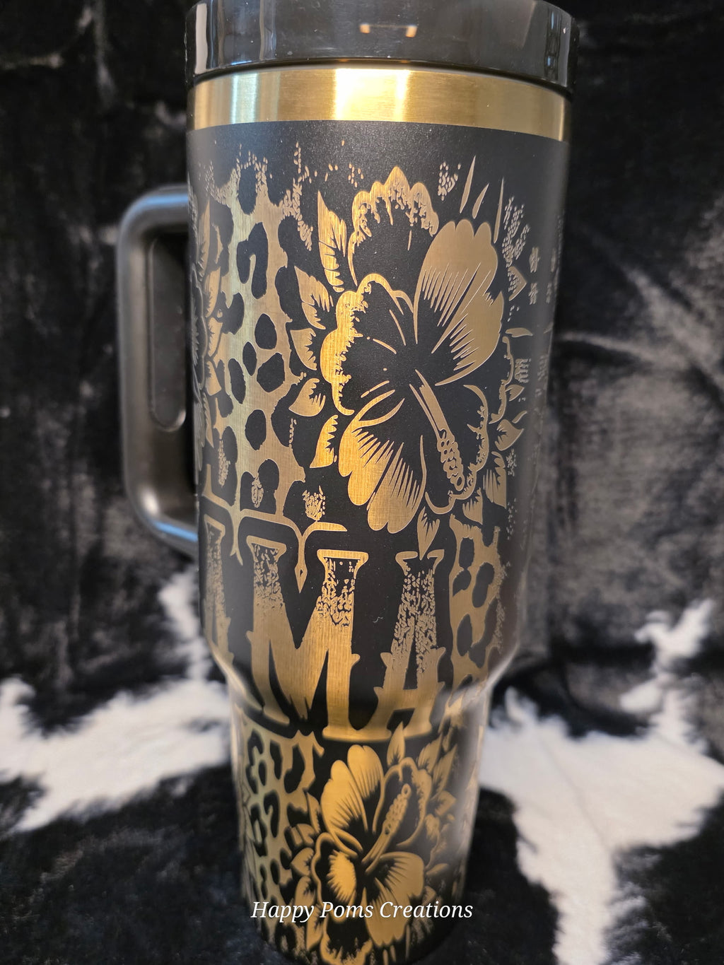 Personalized Mama Floral Leopard Print Travel Mug | Custom Engraved 40oz Tumbler with Handle | Gold & Black Insulated Cup for Mom Gift