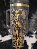 Personalized Mama Floral Leopard Print Travel Mug | Custom Engraved 40oz Tumbler with Handle | Gold & Black Insulated Cup for Mom Gift