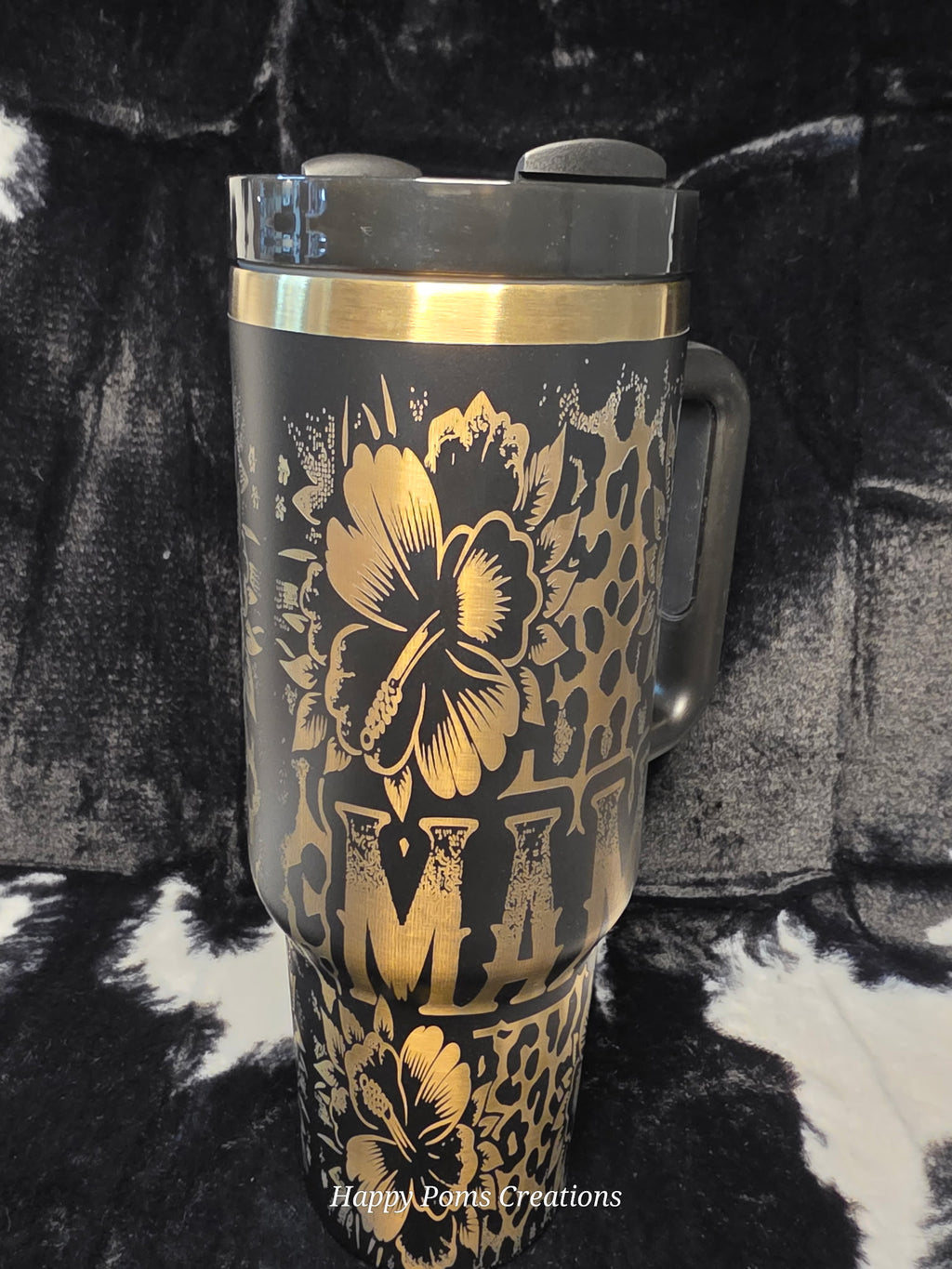 Personalized Mama Floral Leopard Print Travel Mug | Custom Engraved 40oz Tumbler with Handle | Gold & Black Insulated Cup for Mom Gift
