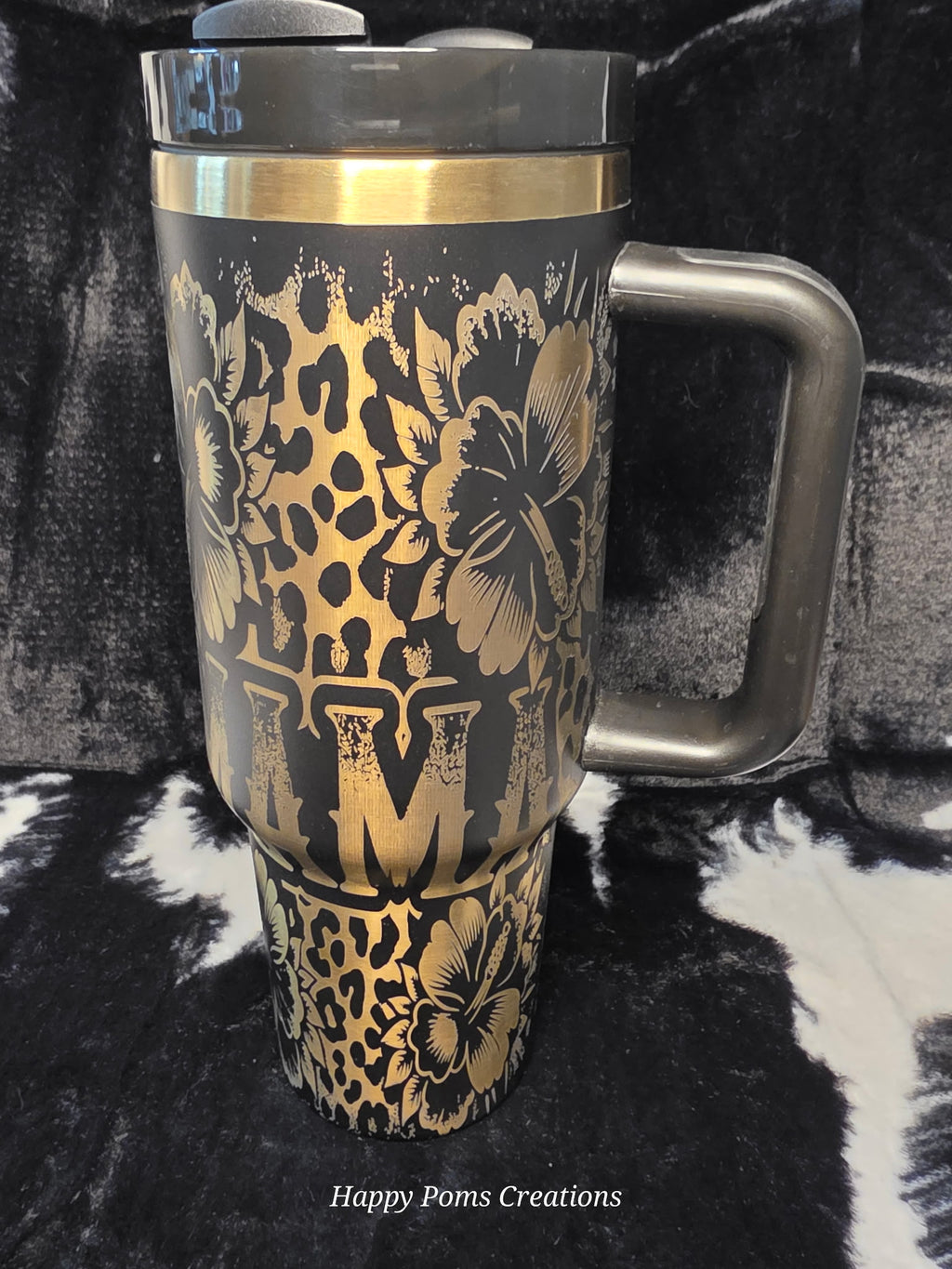 Personalized Mama Floral Leopard Print Travel Mug | Custom Engraved 40oz Tumbler with Handle | Gold & Black Insulated Cup for Mom Gift