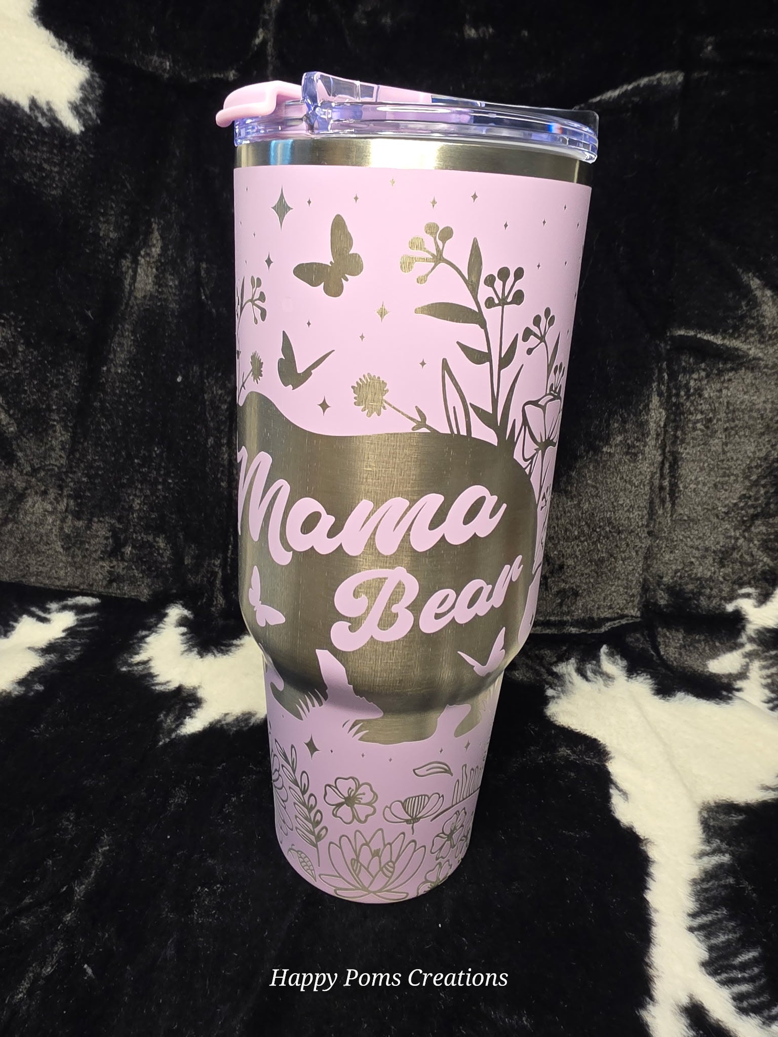 Personalized Mama Bear Tumbler 40oz Pink Engraved Cup with Handle & Straw | Floral Bear Mom Travel Mug | Mother’s Day Gift for Mom