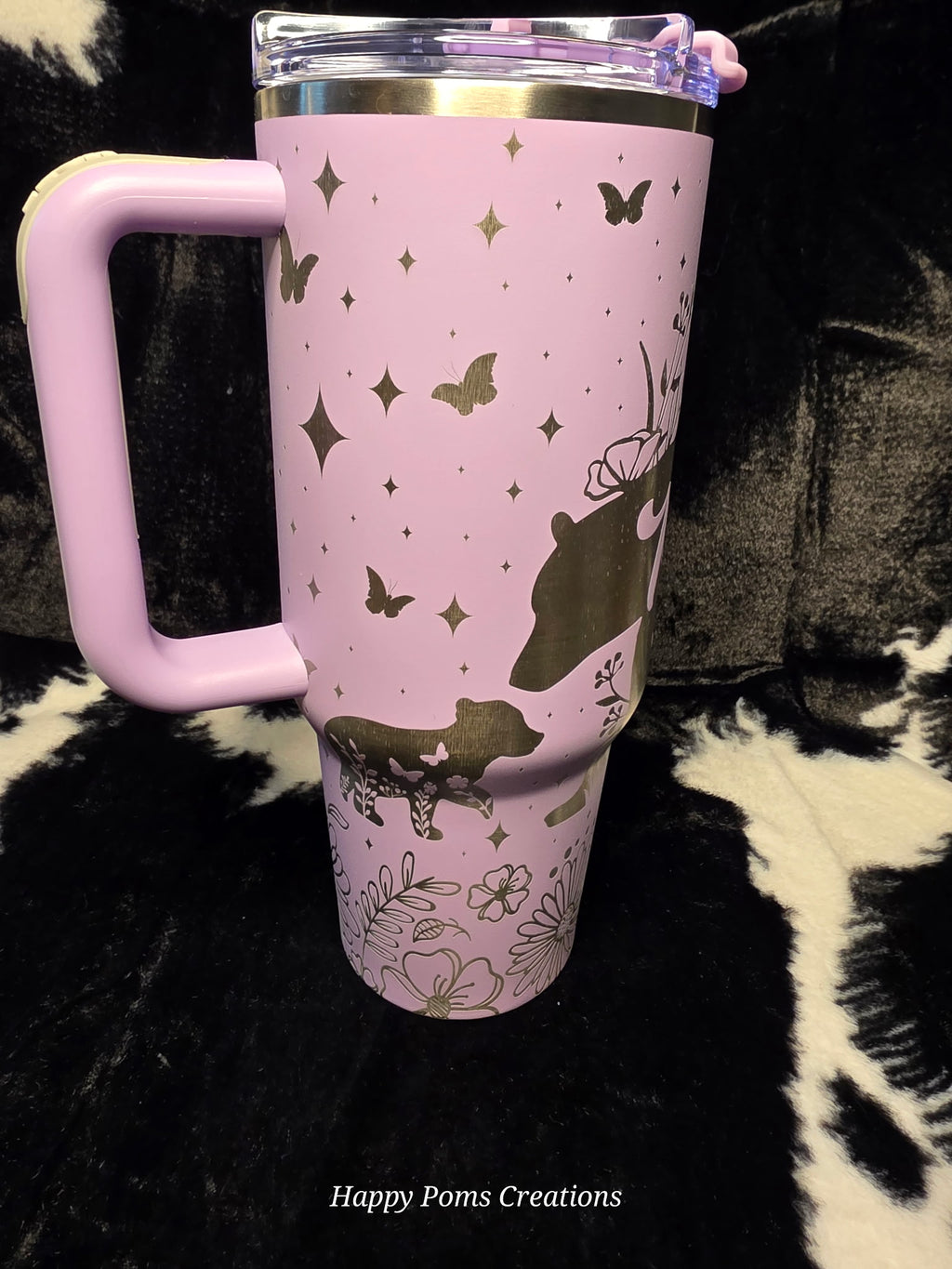 Personalized Mama Bear Tumbler 40oz Pink Engraved Cup with Handle & Straw | Floral Bear Mom Travel Mug | Mother’s Day Gift for Mom