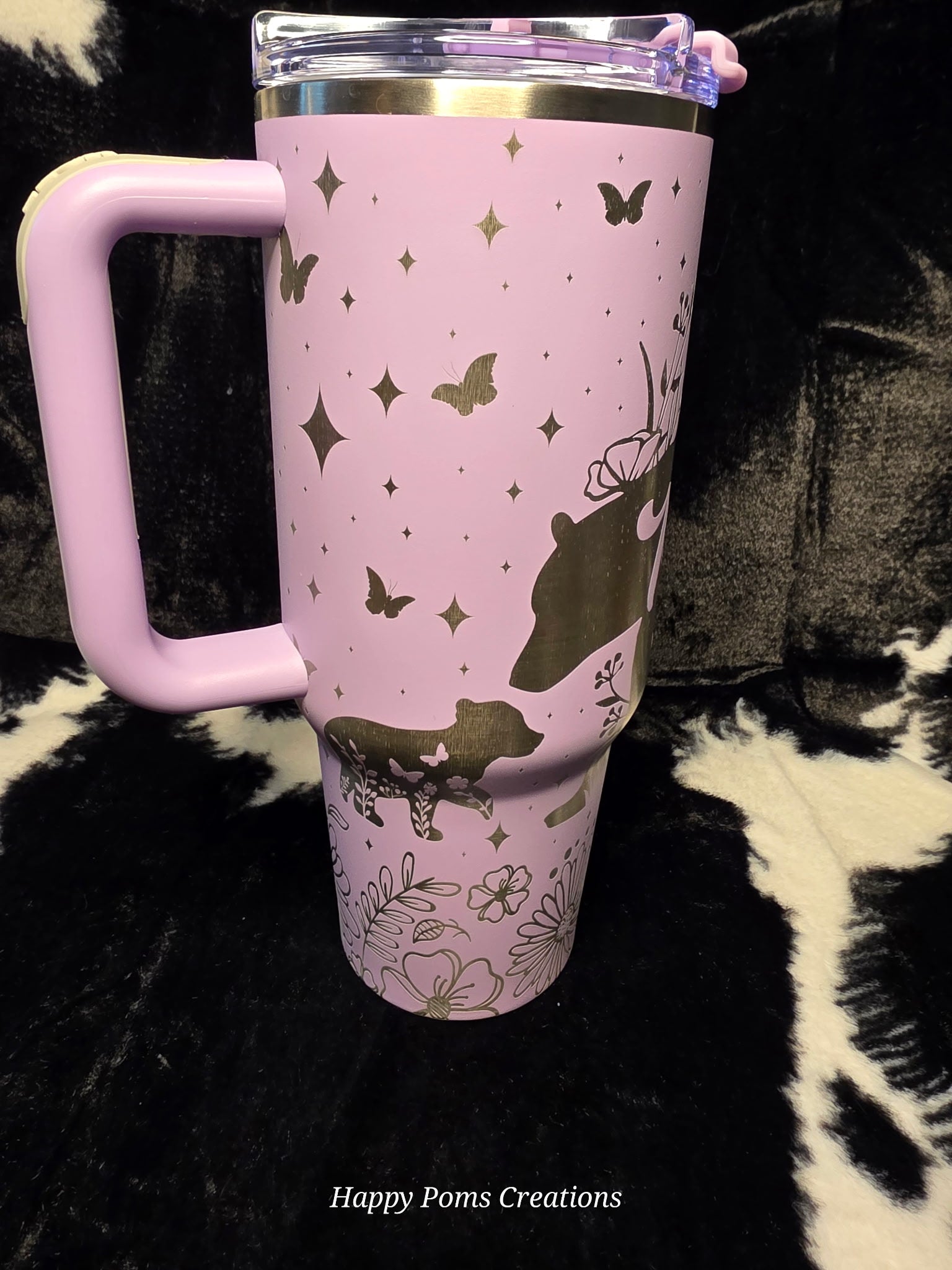 Personalized Mama Bear Tumbler 40oz Pink Engraved Cup with Handle & Straw | Floral Bear Mom Travel Mug | Mother’s Day Gift for Mom