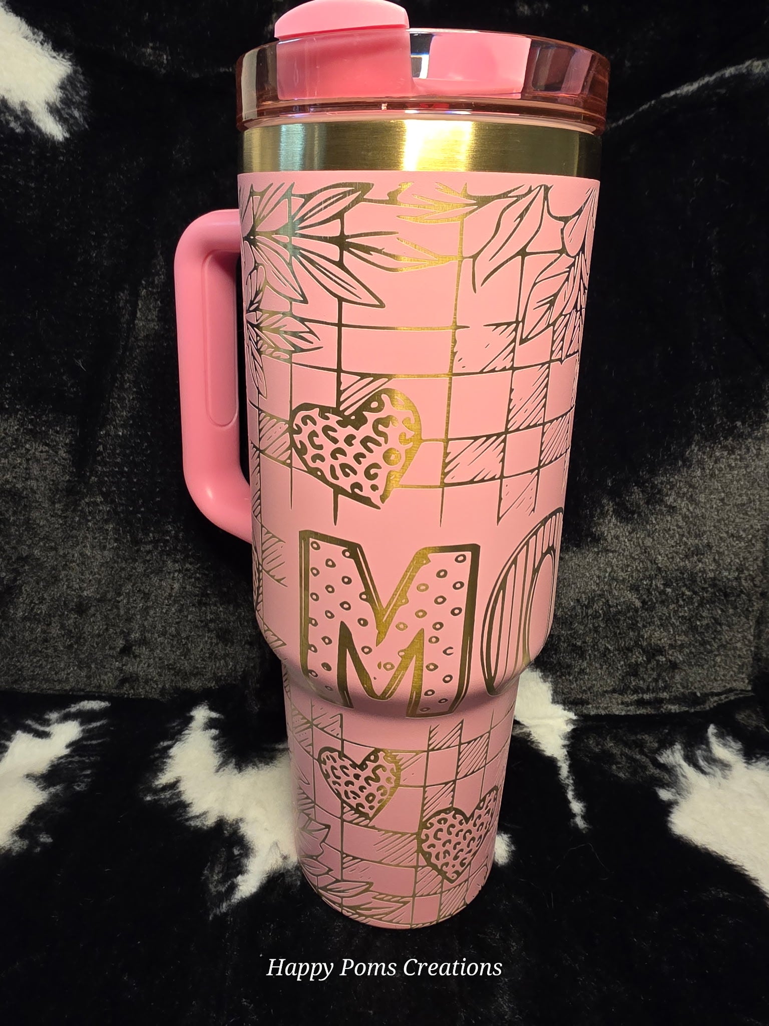 Personalized Pink Floral Tumbler with Handle | Custom Initial 40oz Stainless Steel Cup | Coquette Checkered Straw Cup Gift for Her