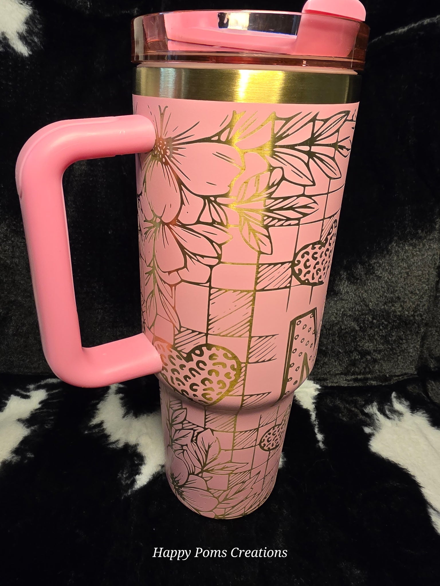Personalized Pink Floral Tumbler with Handle | Custom Initial 40oz Stainless Steel Cup | Coquette Checkered Straw Cup Gift for Her