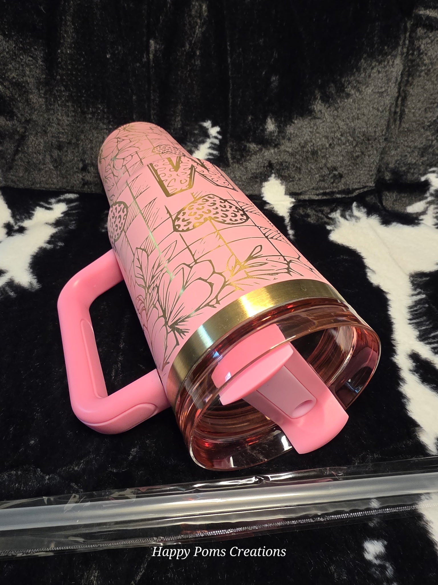 Personalized Pink Floral Tumbler with Handle | Custom Initial 40oz Stainless Steel Cup | Coquette Checkered Straw Cup Gift for Her